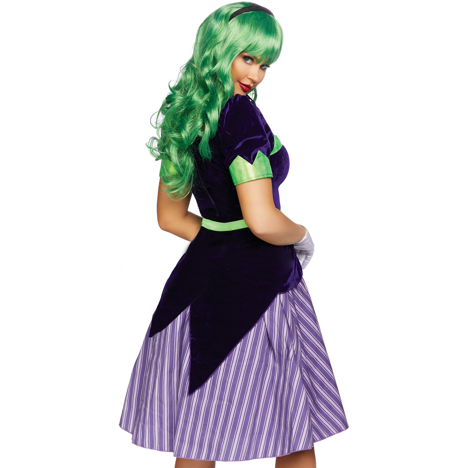 2 PC Comic Book Baddie, includes velvet coat dress with striped skirt and lapel flower, attached ribbon sash, and ribbon neck tie.