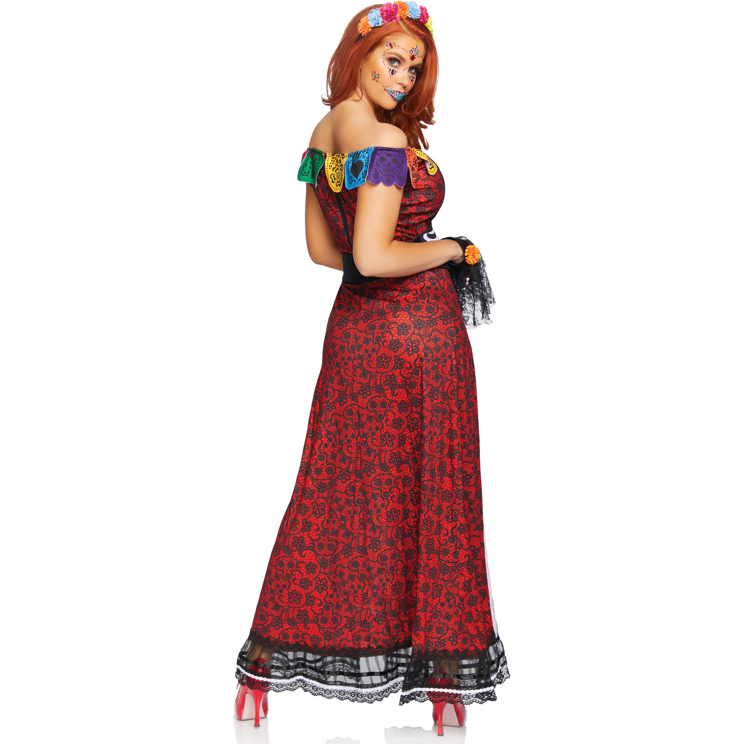 5 PC Deluxe Day of the Dead Beauty, includes dual slit printed lace dress with banner bodice, detachable clear straps, lace wrist cuffs, skeleton waist cincher, and floral headband.