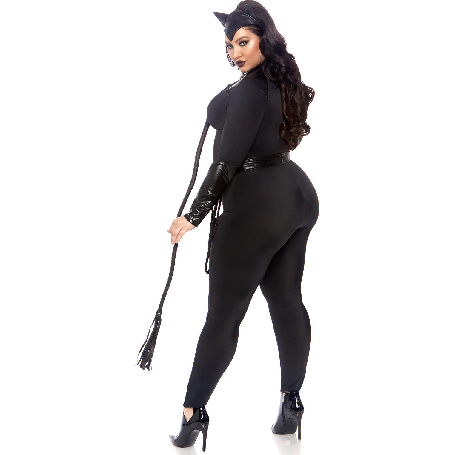 3 PC Sultry Supervillain, includes zipper front cat suit with mesh panel accent, utility belt with rope, and cat ear headband.