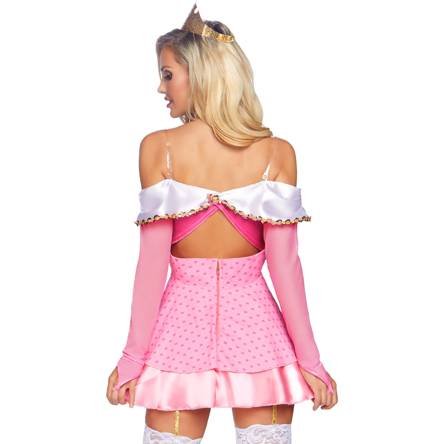 3 PC Naughty Napping Princess, includes sequin trimmed romper dress with keyhole back and sheer gauntlet sleeve, choker, and matching crown.
