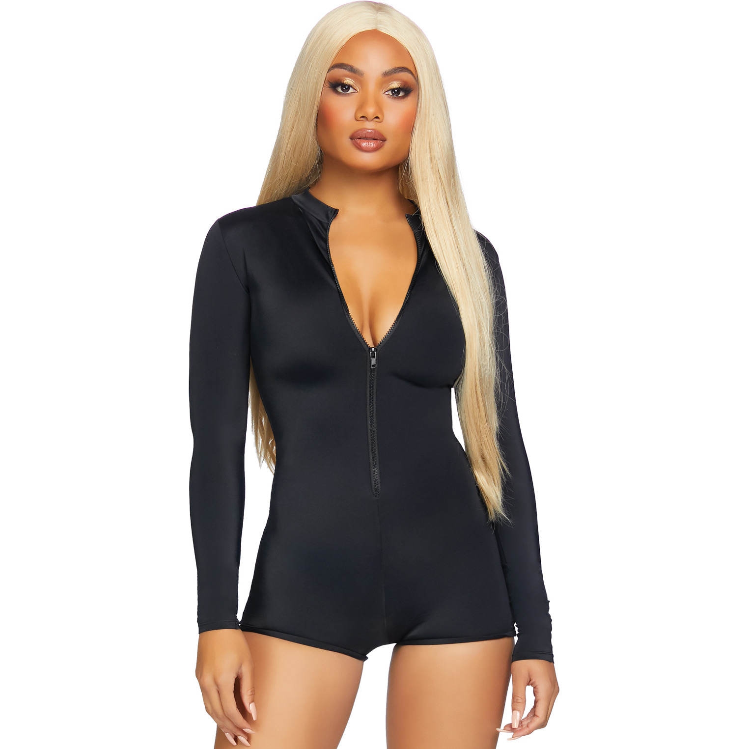Zipper front long sleeved romper.