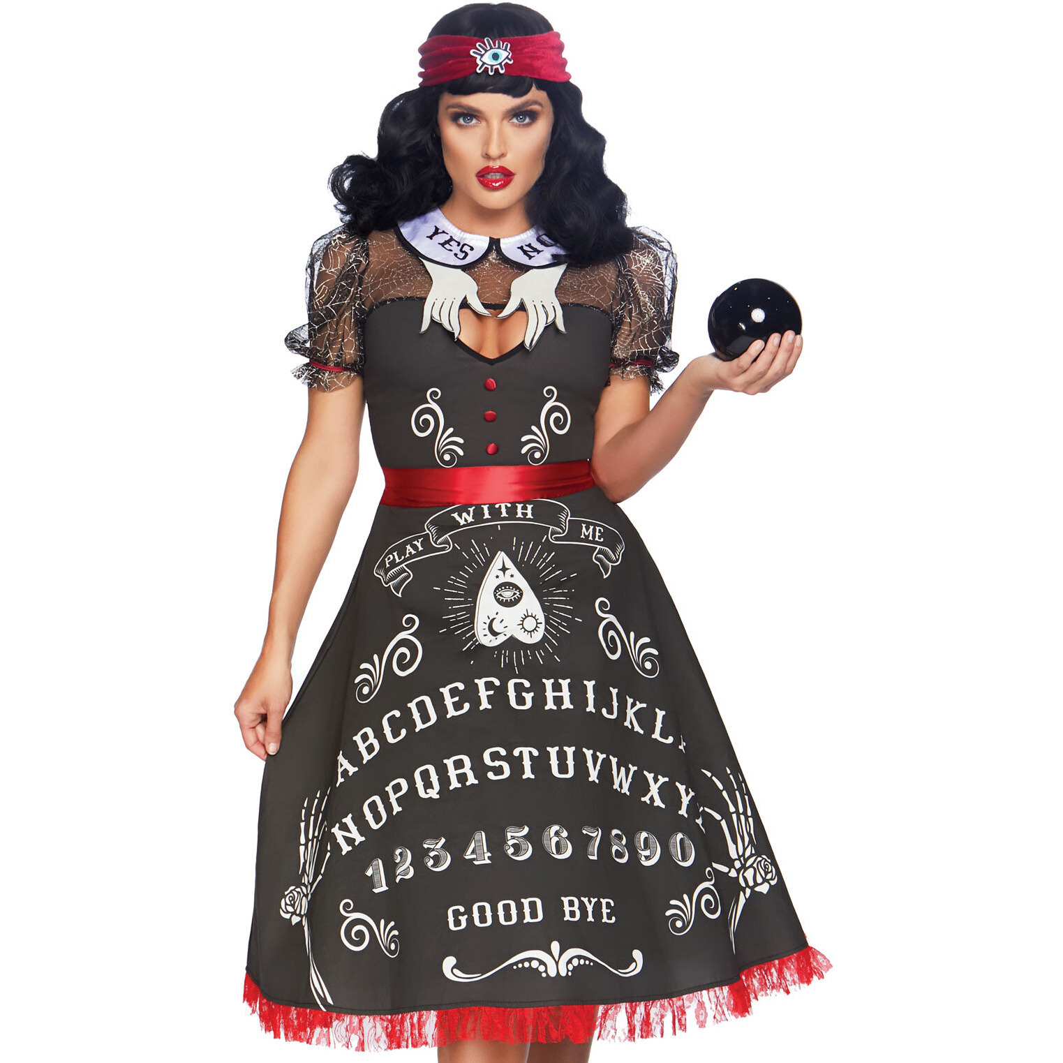 2 PC Spooky Board Beauty, includes deluxe cotton swing dress with elaborate printed board detail and hand collar detail, attached satin sash with pin-on bow, and matching all seeing eye headband.