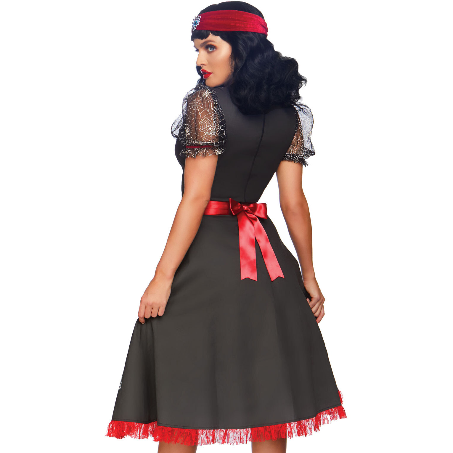 2 PC Spooky Board Beauty, includes deluxe cotton swing dress with elaborate printed board detail and hand collar detail, attached satin sash with pin-on bow, and matching all seeing eye headband.