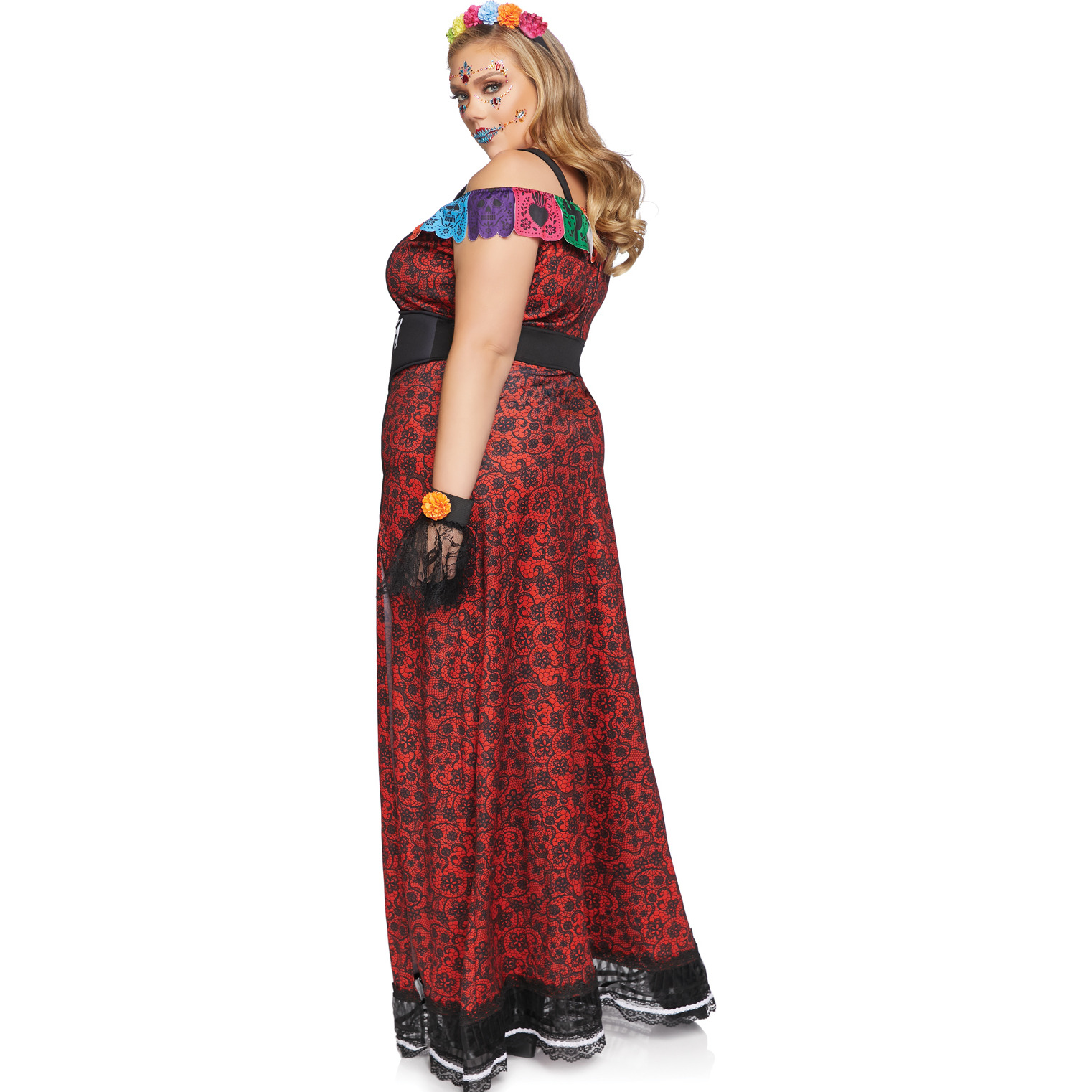 4 PC Deluxe Day of the Dead Beauty, includes dual slit printed lace dress with banner bodice, lace wrist cuffs, skeleton waist cincher, and floral headband.