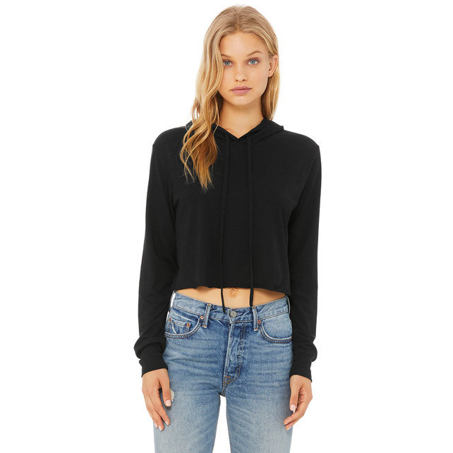 Ladies cropped Long Sleeve Hoodie T-Shirt - SOLID BLK TRBLND - S(D0102H7WEWJ)