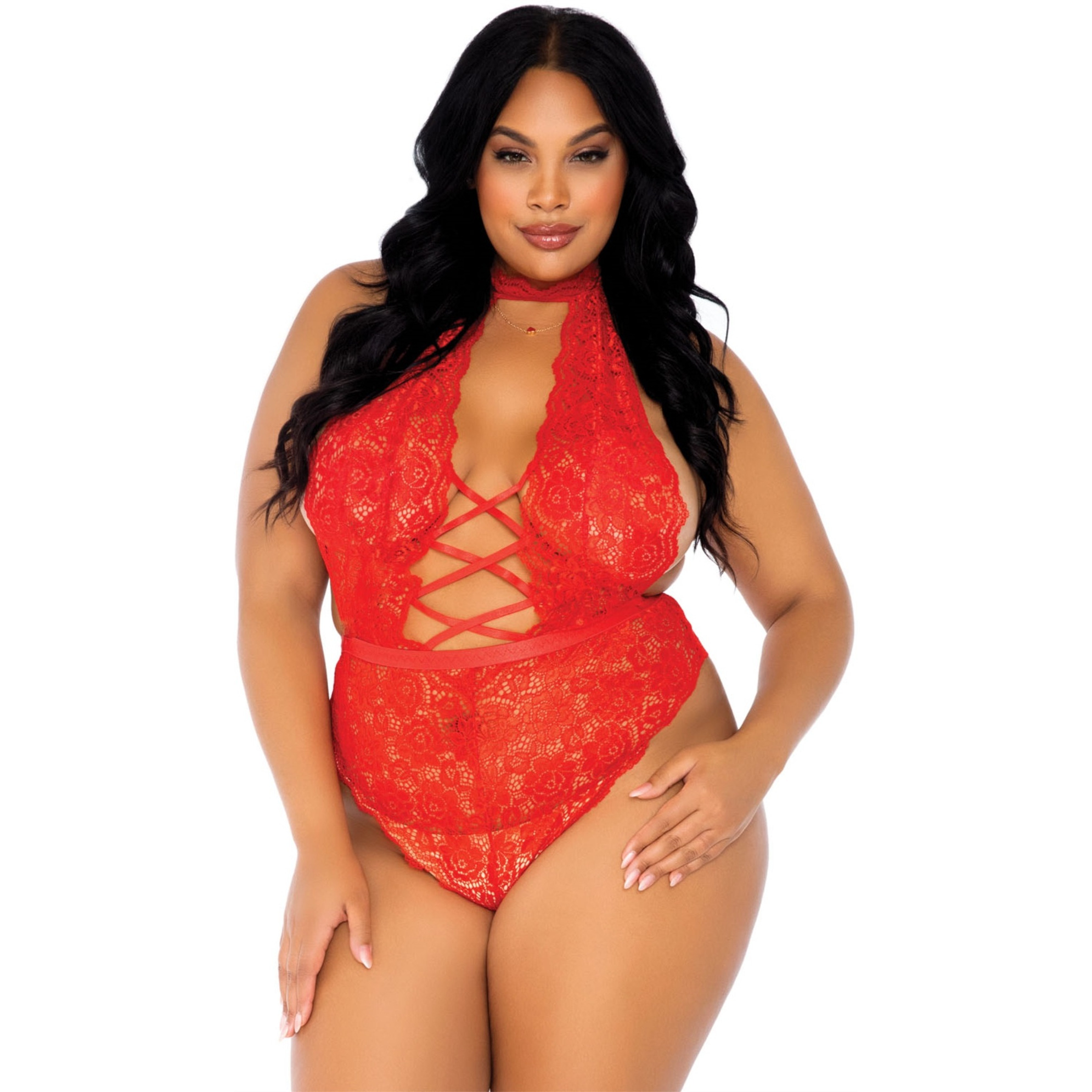 High neck floral lace backless teddy with lace up accents and crotchless thong panty.