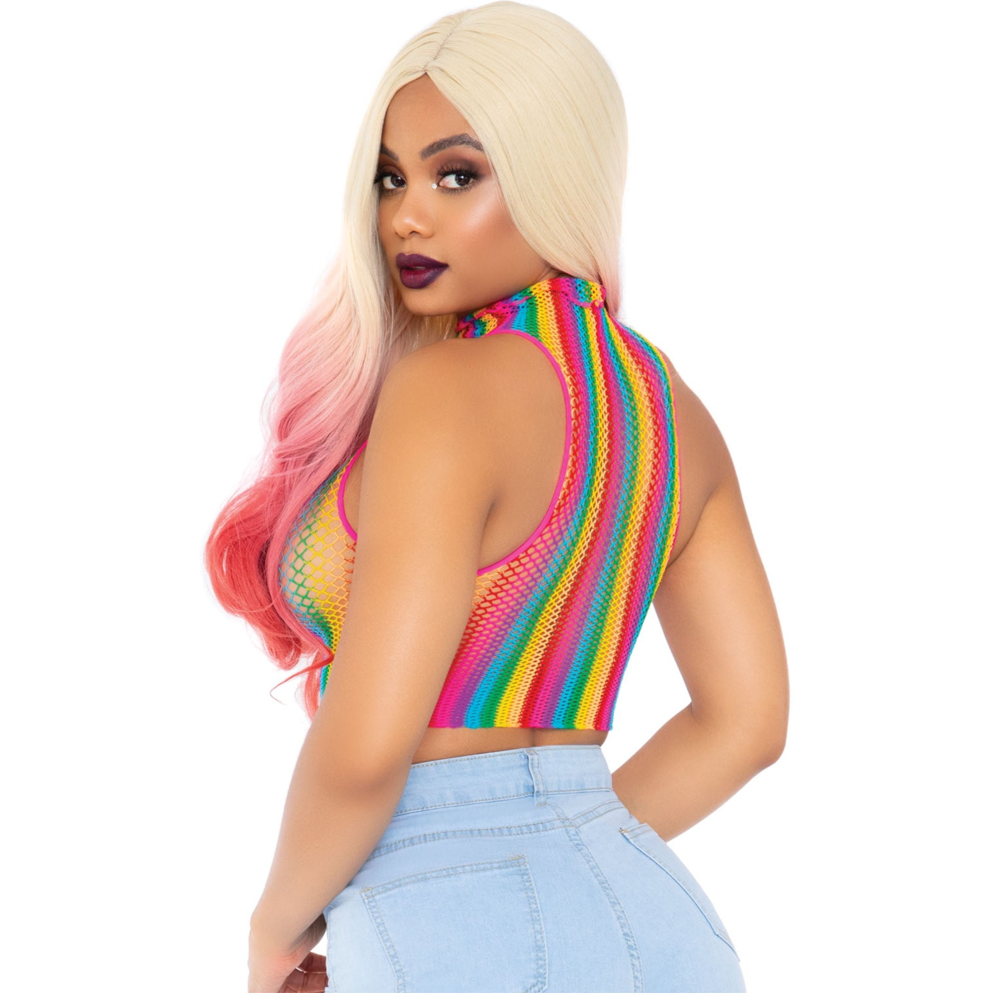 Rainbow net high neck crop top.