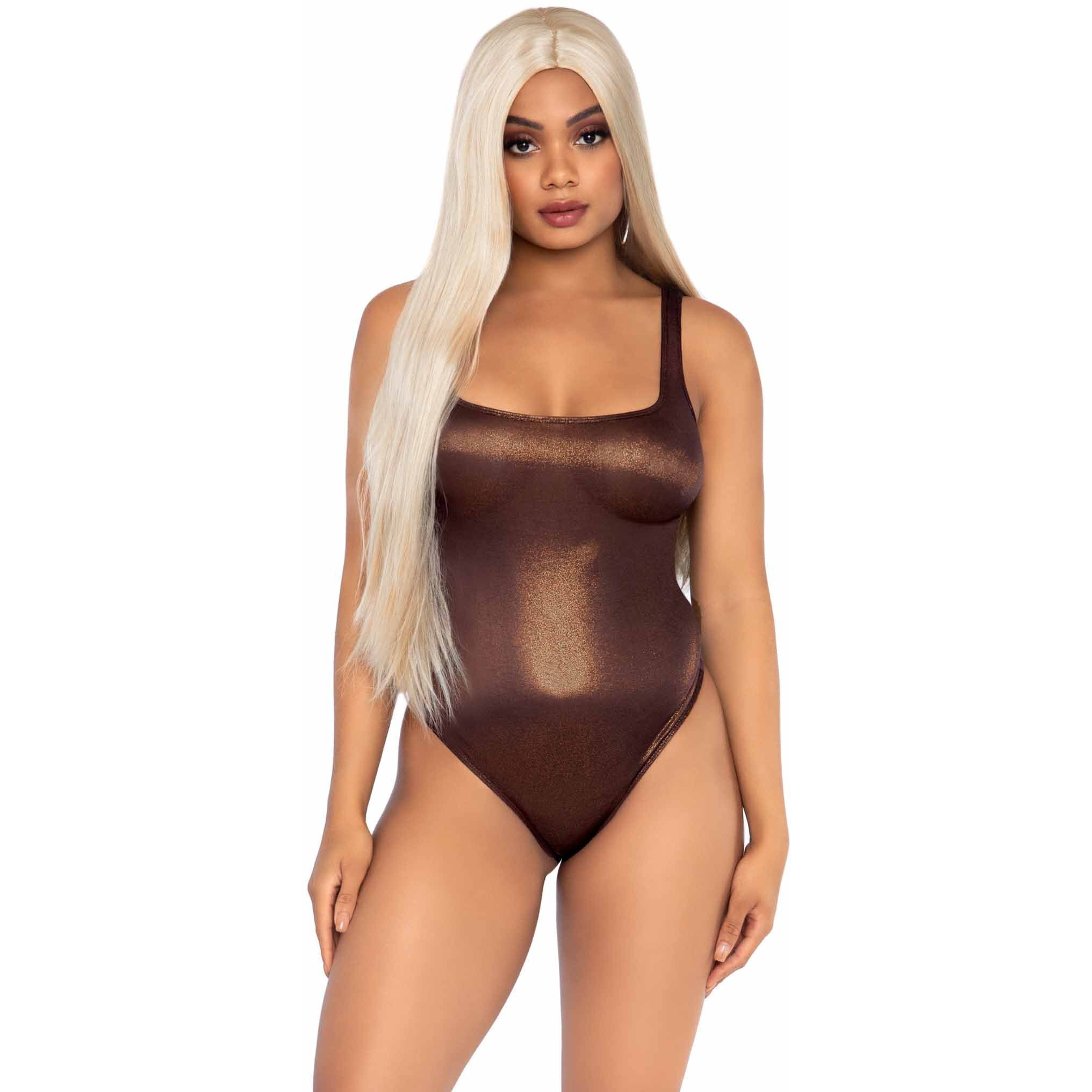 Shimmer spandex snap crotch thong bodysuit.