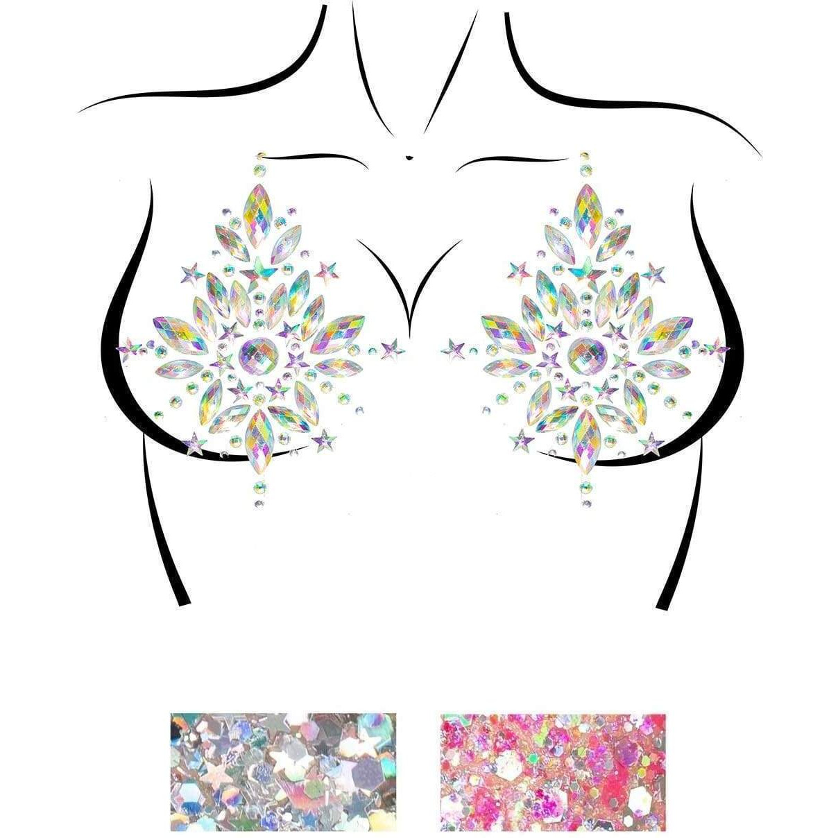 Cambria adhesive jewel nipple stickers and 2 of 3g body glitter packets.