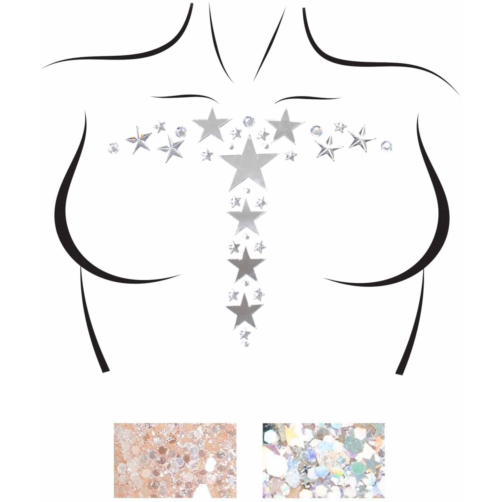 Kismet adhesive mirror star and rhinestone body sticker and 2 of 3g body glitter packets.