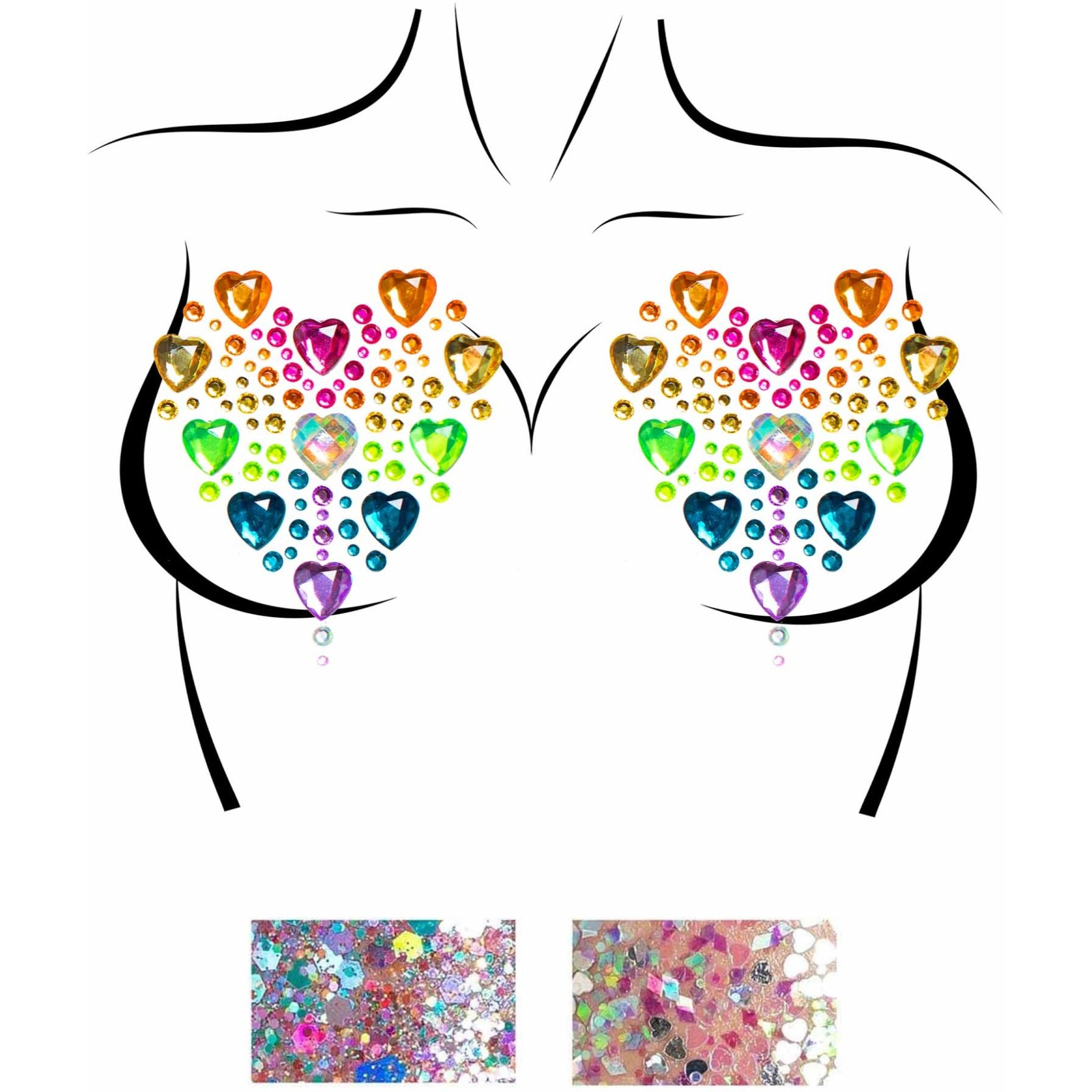 Prism adhesive jewel nipple stickers and 2 of 3g body glitter packets.