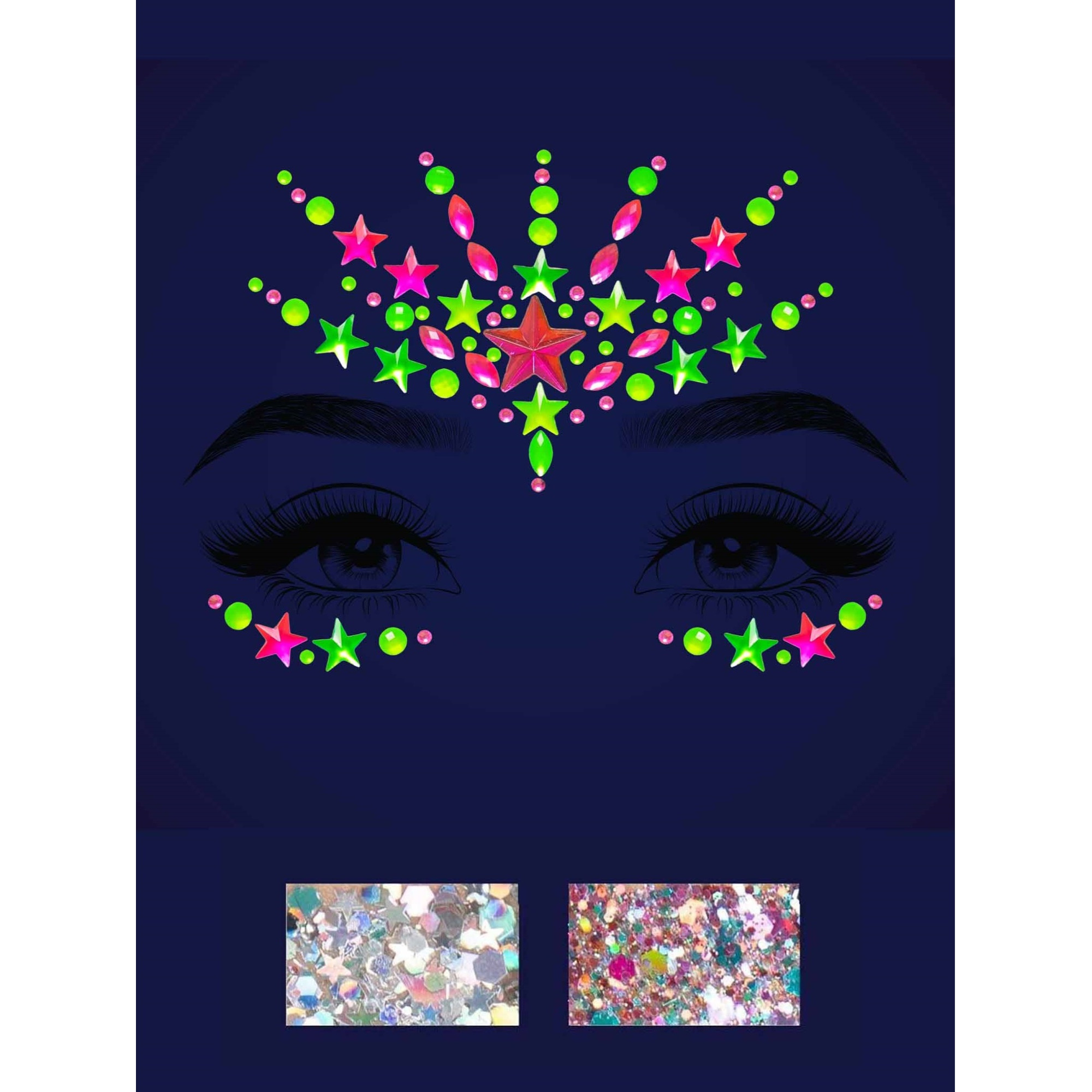 Vibe neon adhesive black light face jewel sticker and 2 of 3g body glitter packets.
