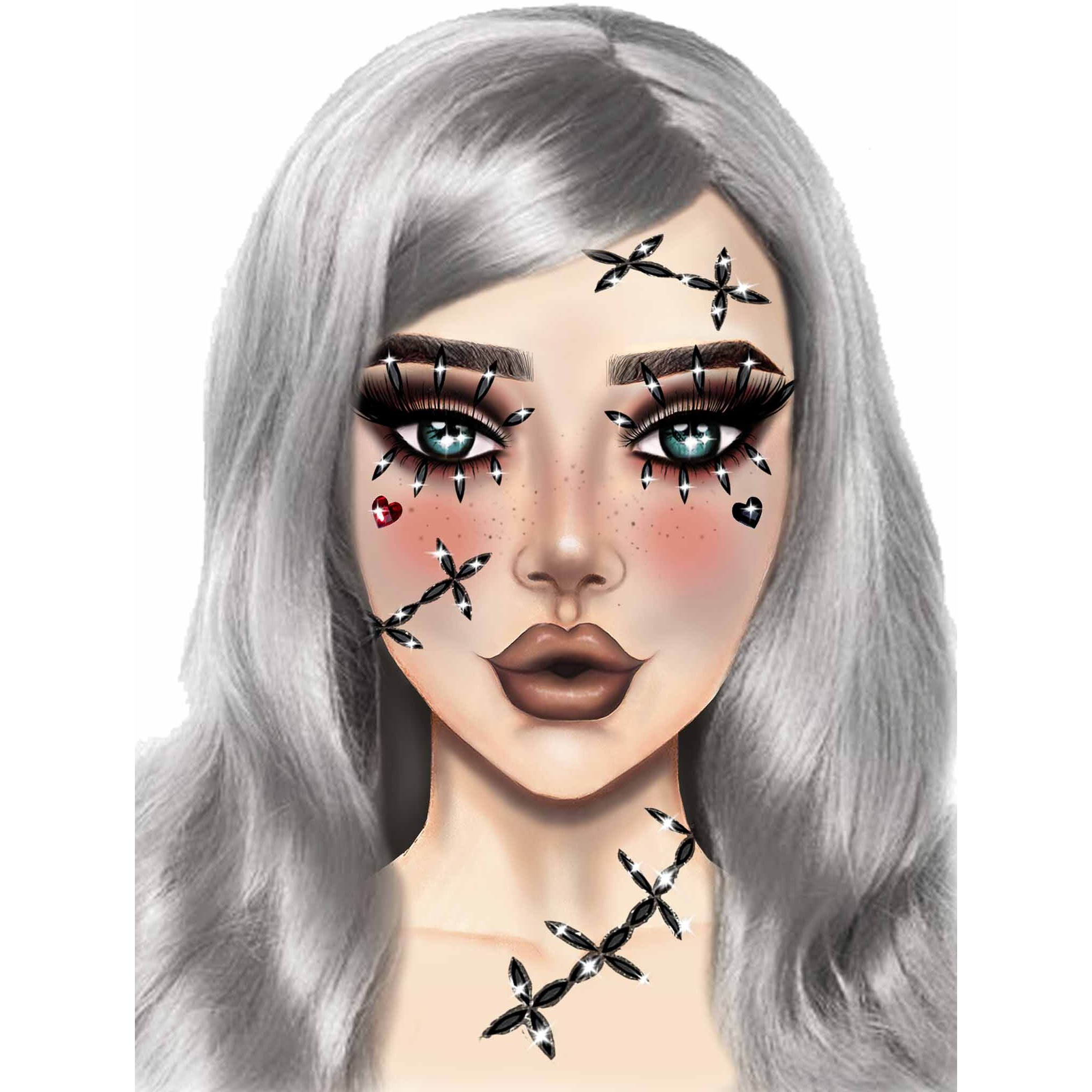 Stitches adhesive face jewels sticker.