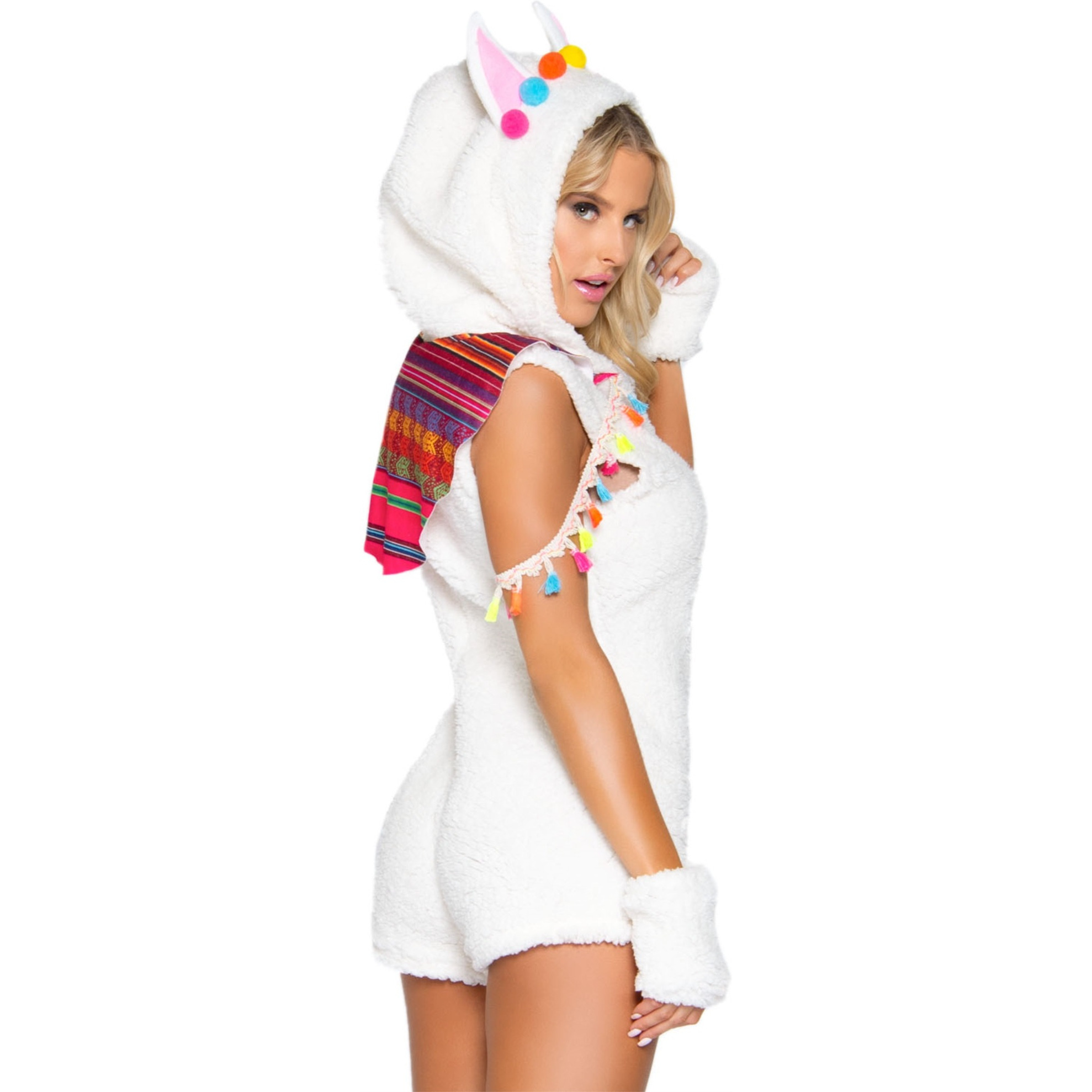 2 PC Cuddly Llama, includes ultra soft plush zip up bodysuit with tassel accents and poncho cape, llama ear hood, and paw gloves.