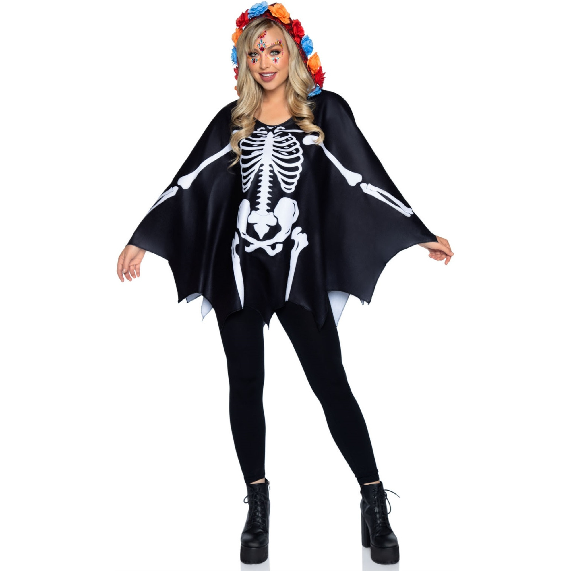 Day of the Dead Poncho, features skeleton detail and lace print hood with floral accents.