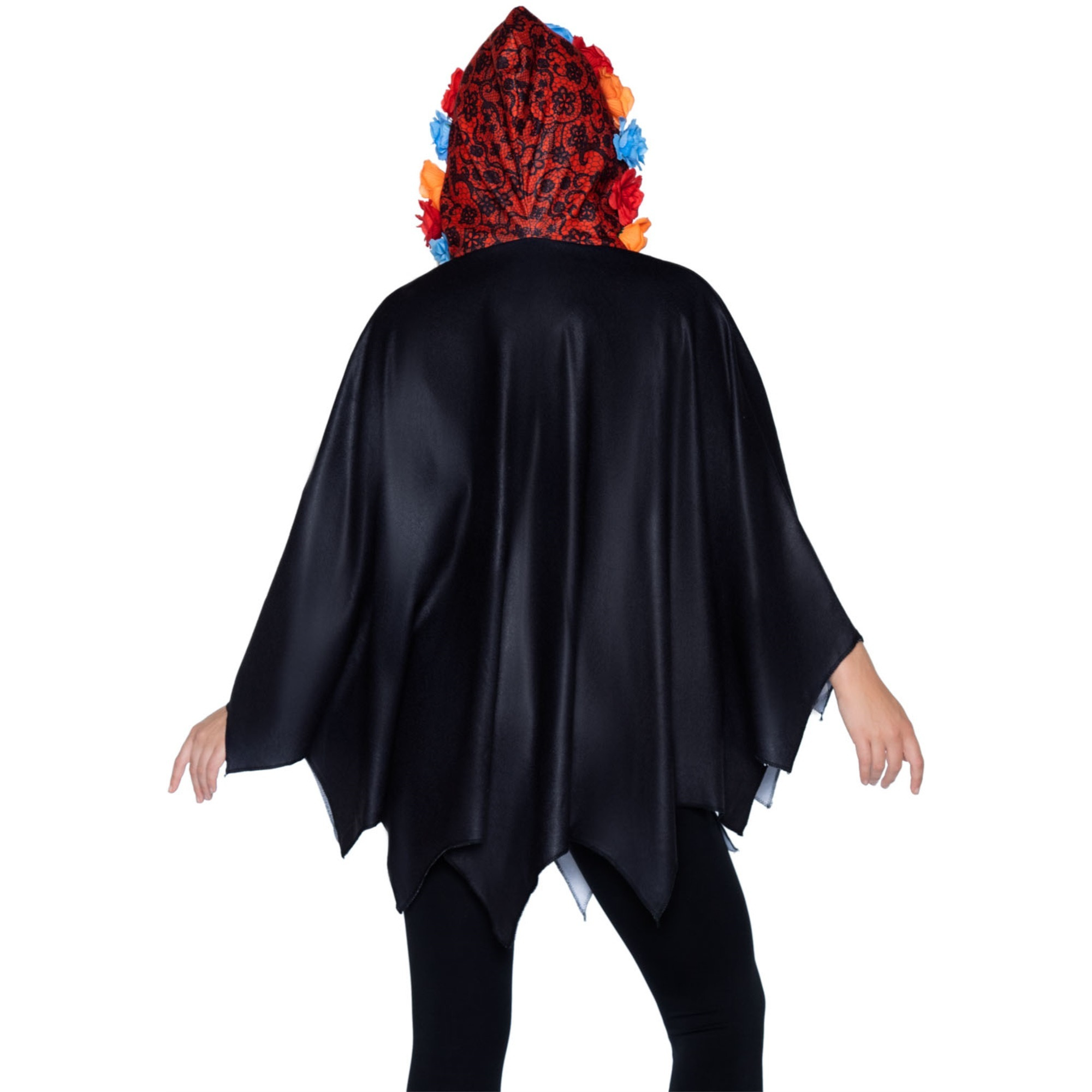 Day of the Dead Poncho, features skeleton detail and lace print hood with floral accents.
