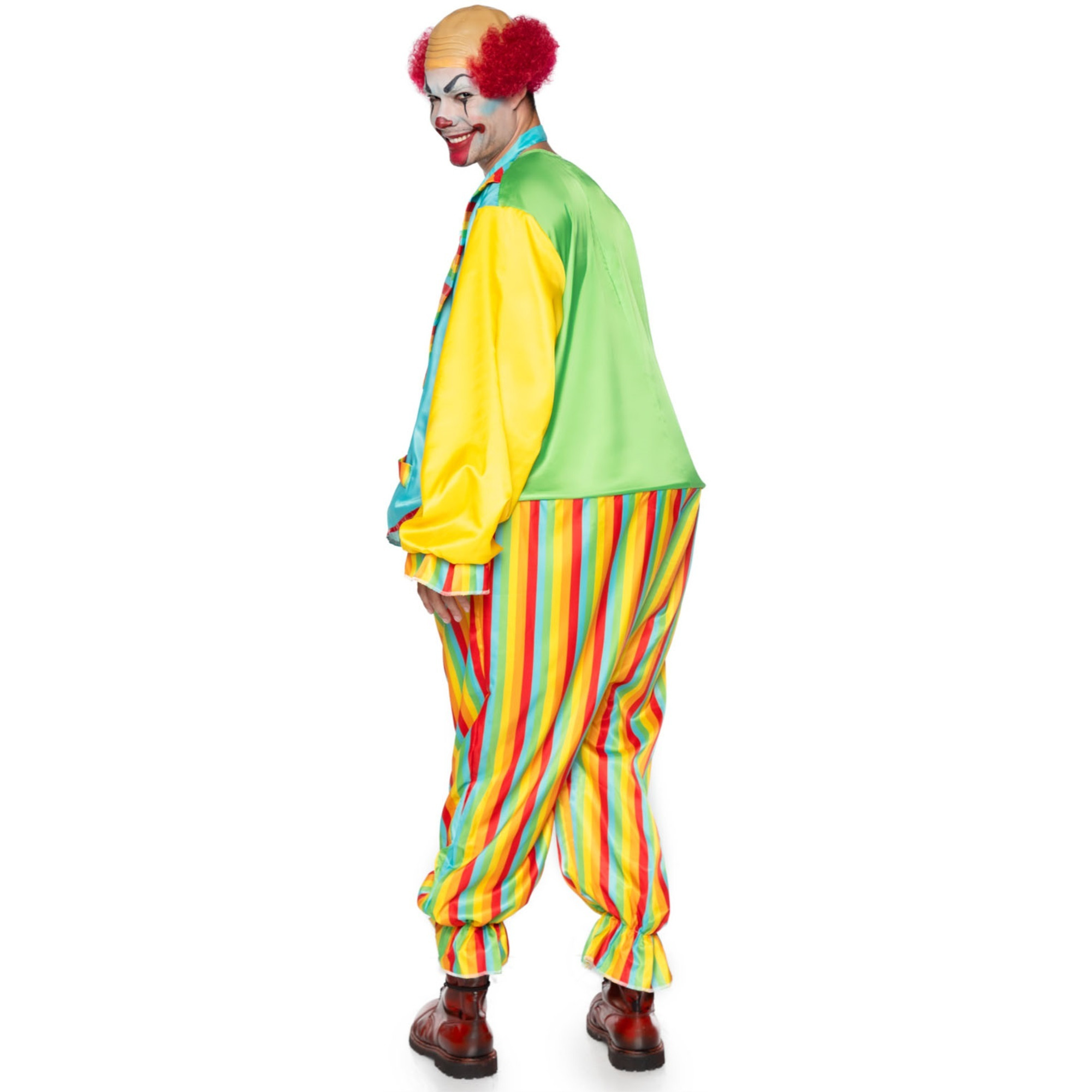 2 PC Circus Clown, includes satin rainbow jumpsuit with ring waist and matching oversized tie.