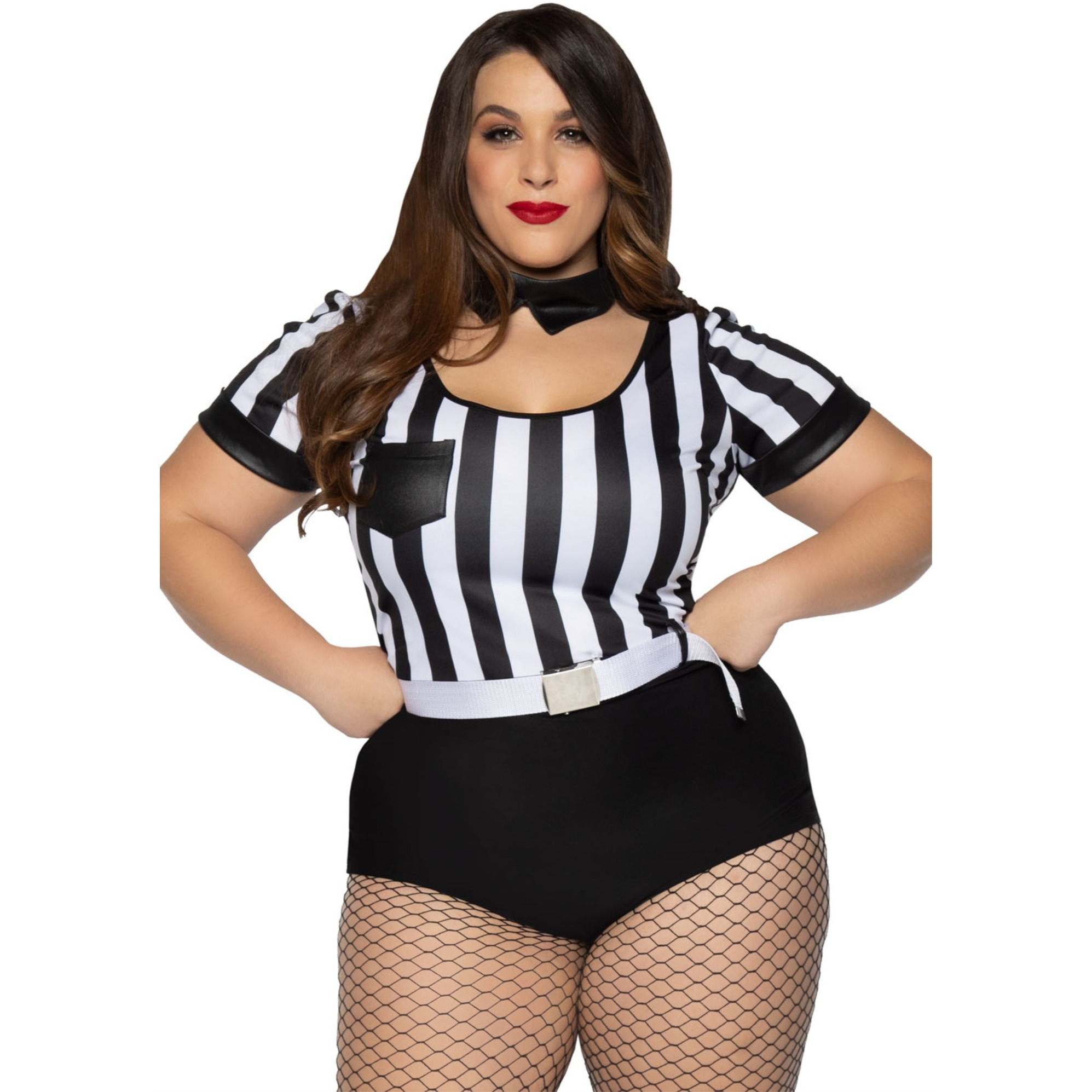 3 PC No Rules Referee, includes striped romper with back pocket accents, belt, and choker collar.