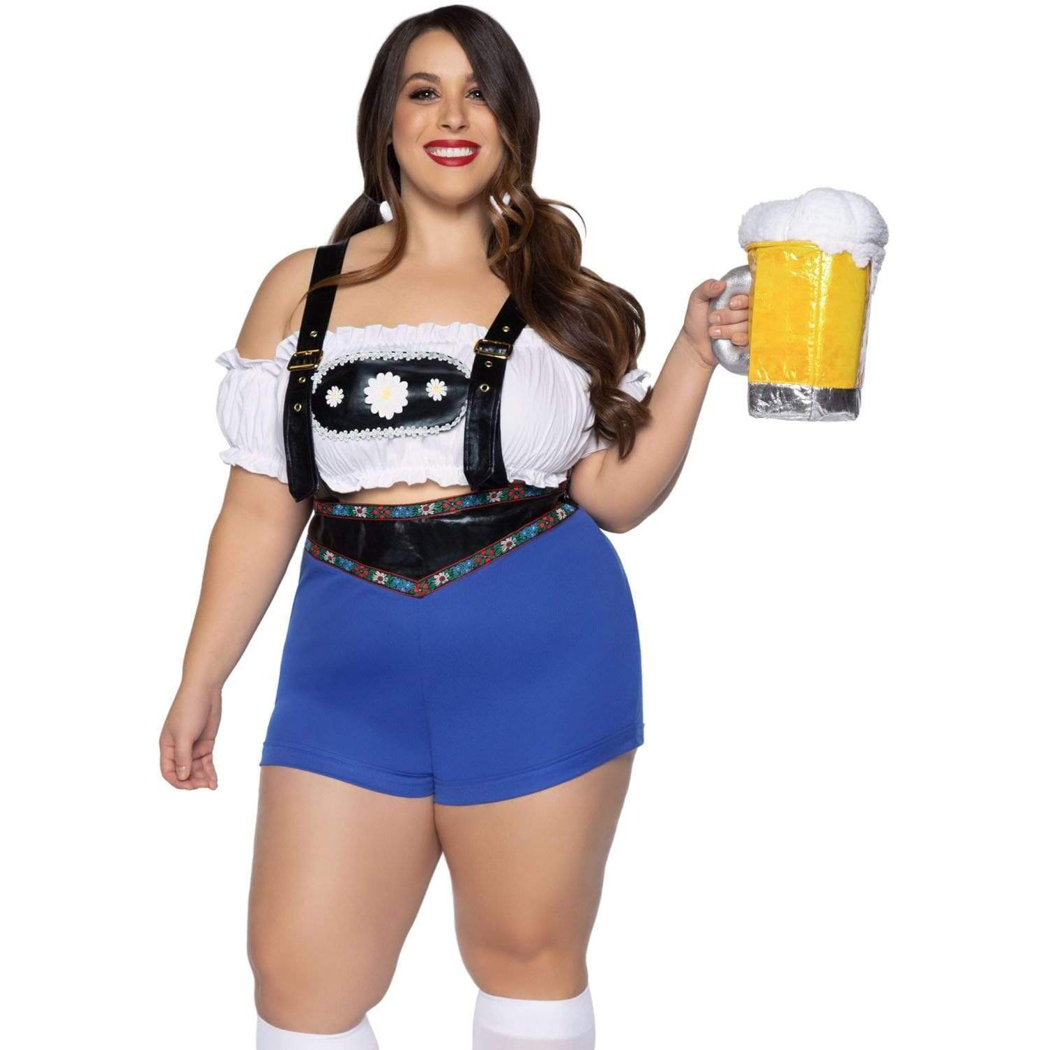 2 PC Lederhosen Honey, includes ribbon trimmed lederhosen with daisy bib suspenders and cropped peasant top.