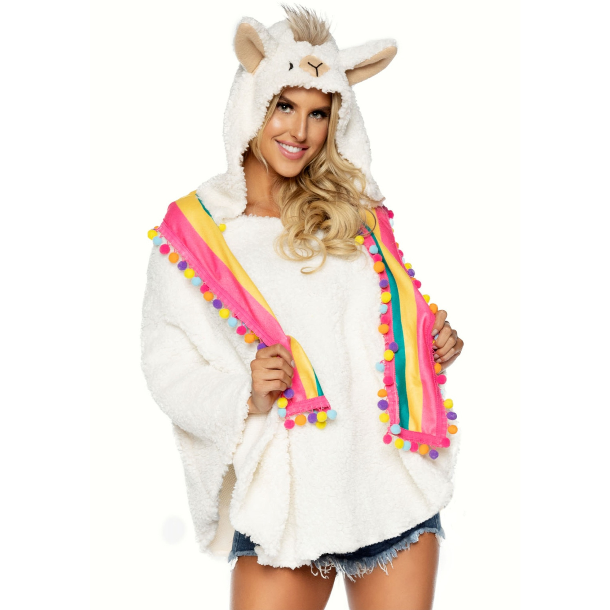 Llama Poncho, features plush poncho with pom pom tassel wrap and llama face hood.