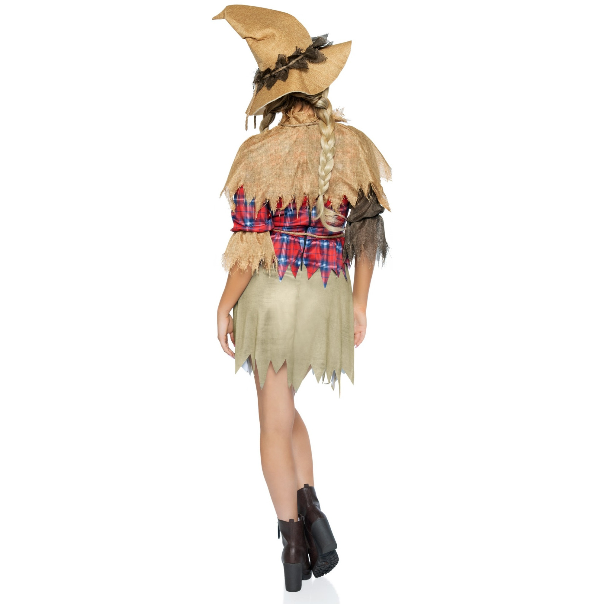 4 PC Scarecrow Cutie, includes patchwork dress with straw accents, burlap shawl, rope belt, and scarecrow hat.