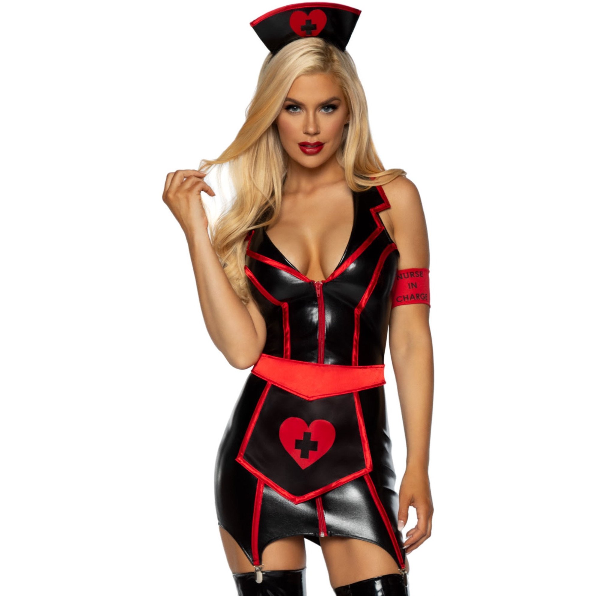 4 PC Naughty Nurse, includes zip up wet look garter dress, heart apron, arm band, and head piece.