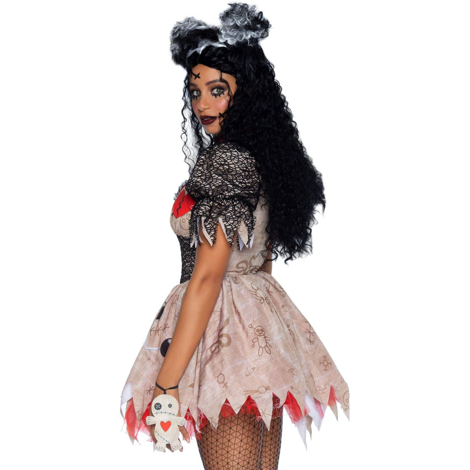 3 PC Deadly Voodoo Doll, includes printed dress with net and stitch accents, heart choker, and doll bracelet.