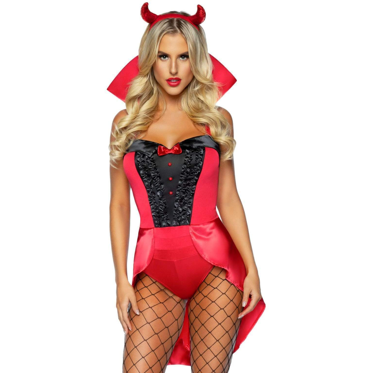 3 PC Devilish Darling, includes tux and tails bodysuit with stay up collar, pin-on devil tail, and sequin devil horn headband.