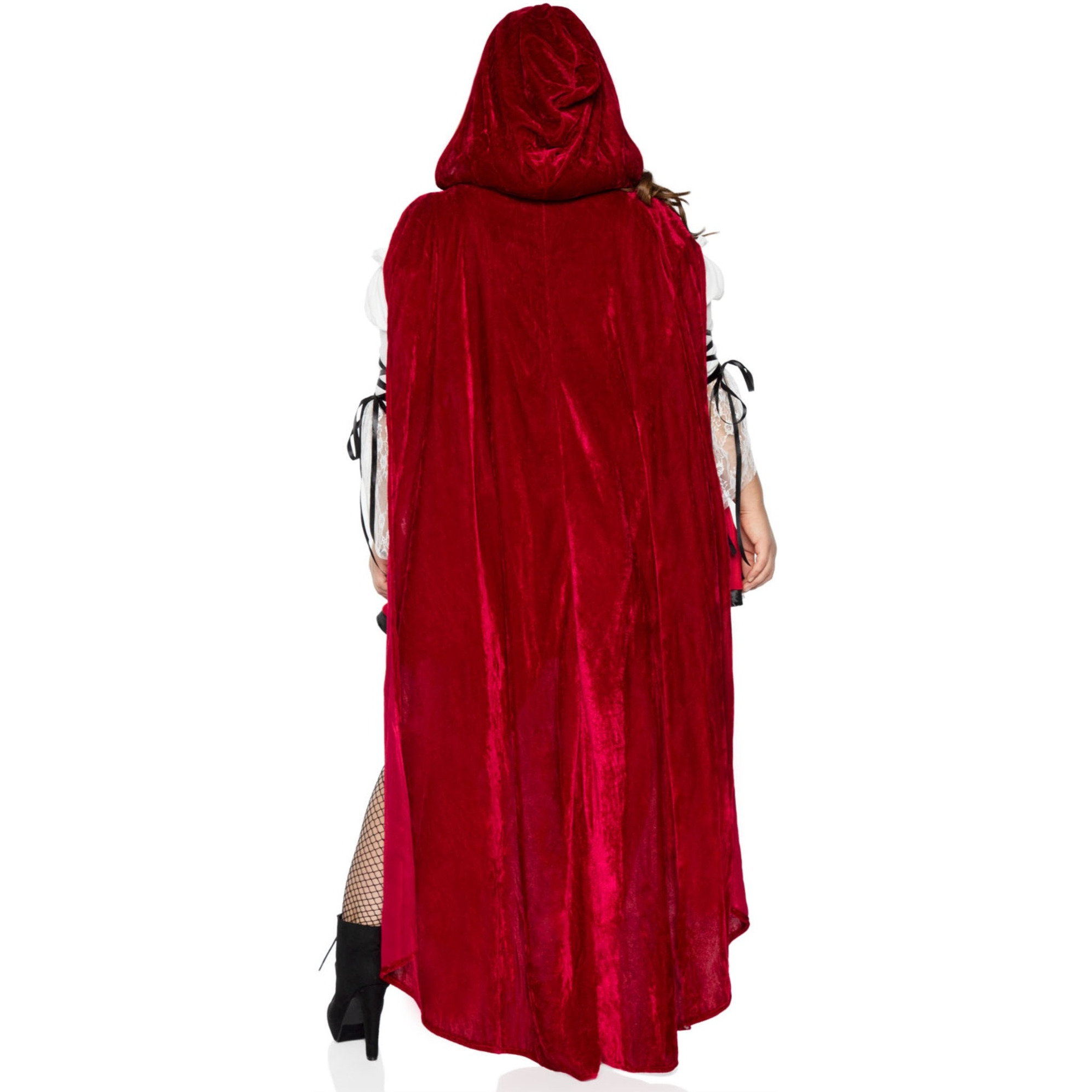 2 PC Storybook Red Riding Hood, includes lace trimmed peasant dress with lace-up waist and satin trimmed split skirt, attached long hooded cape, and choker.