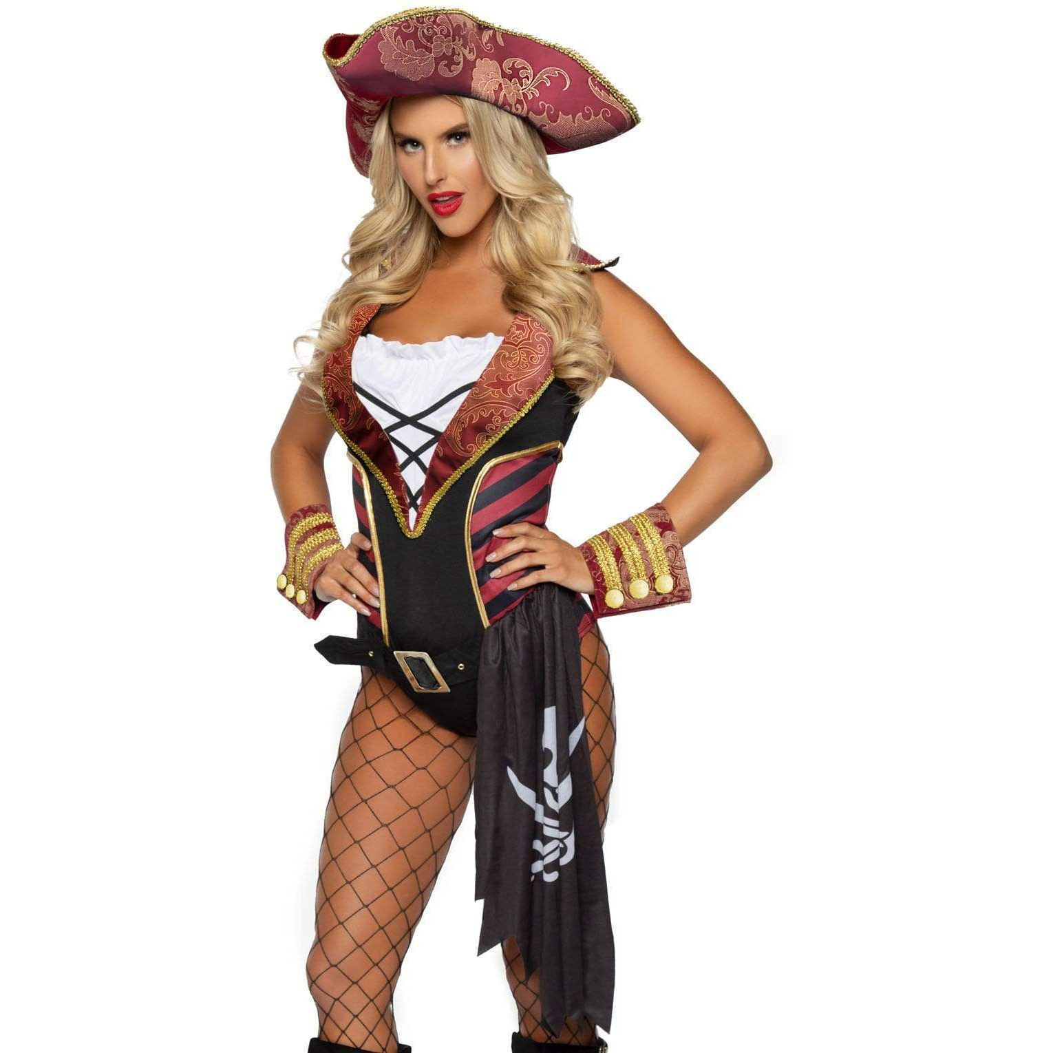 4 PC Sultry Swashbuckler, includes bodysuit with brocade accents, pirate flag belt, wrist cuffs, and brocade pirate hat.