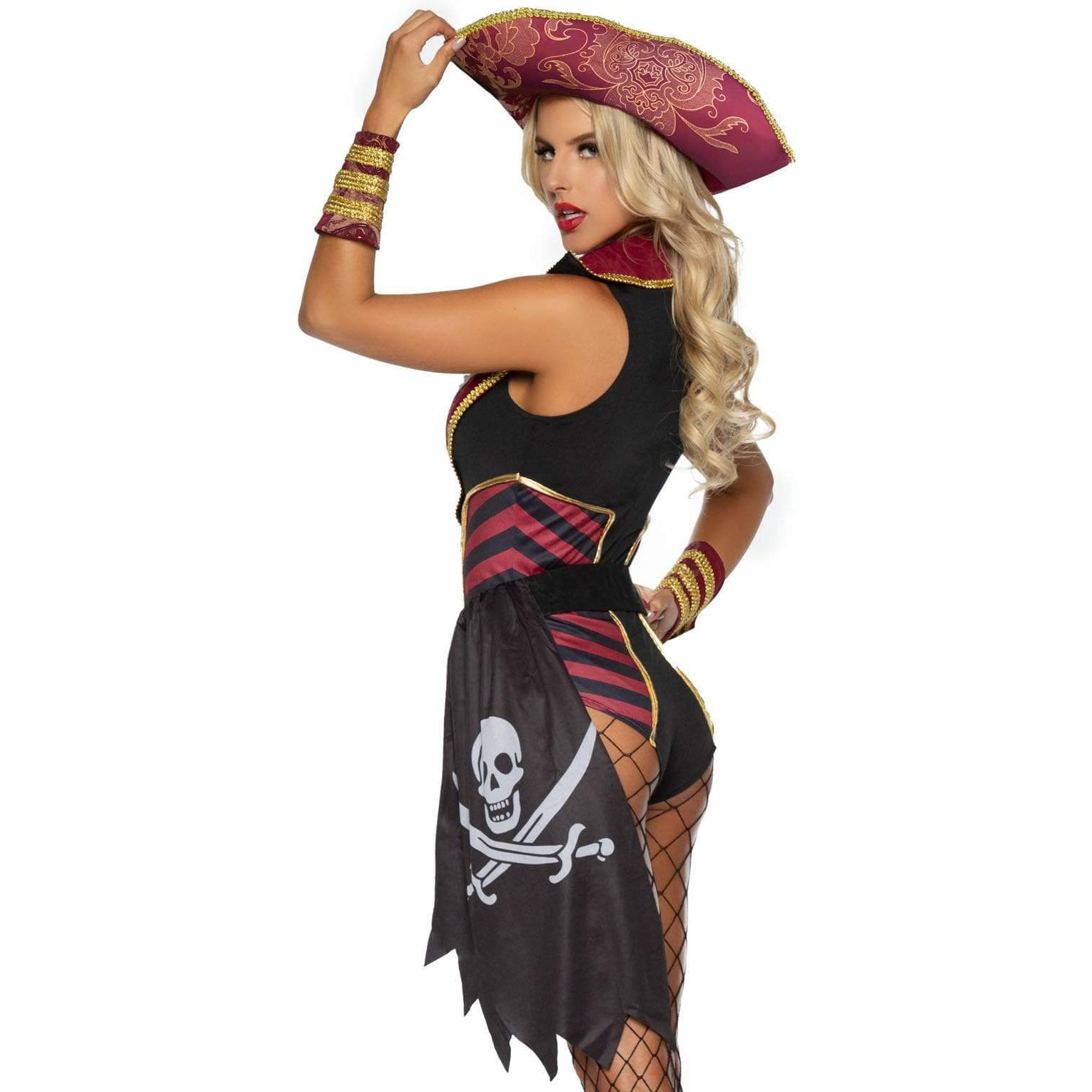 4 PC Sultry Swashbuckler, includes bodysuit with brocade accents, pirate flag belt, wrist cuffs, and brocade pirate hat.