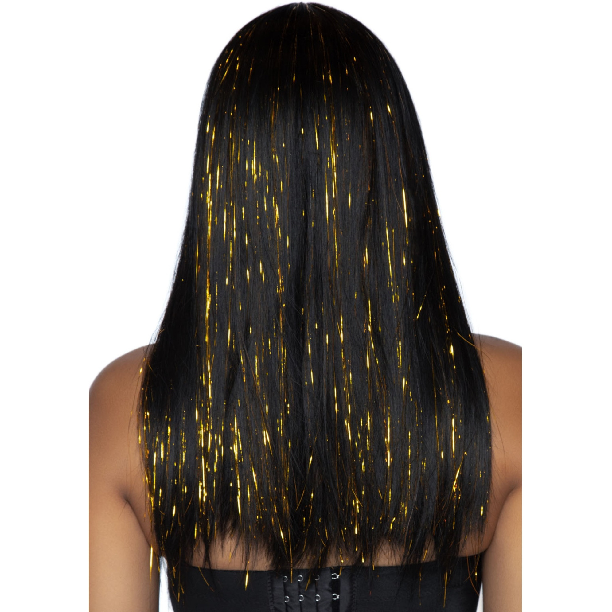 24" Long straight bang wig with tinsel.
