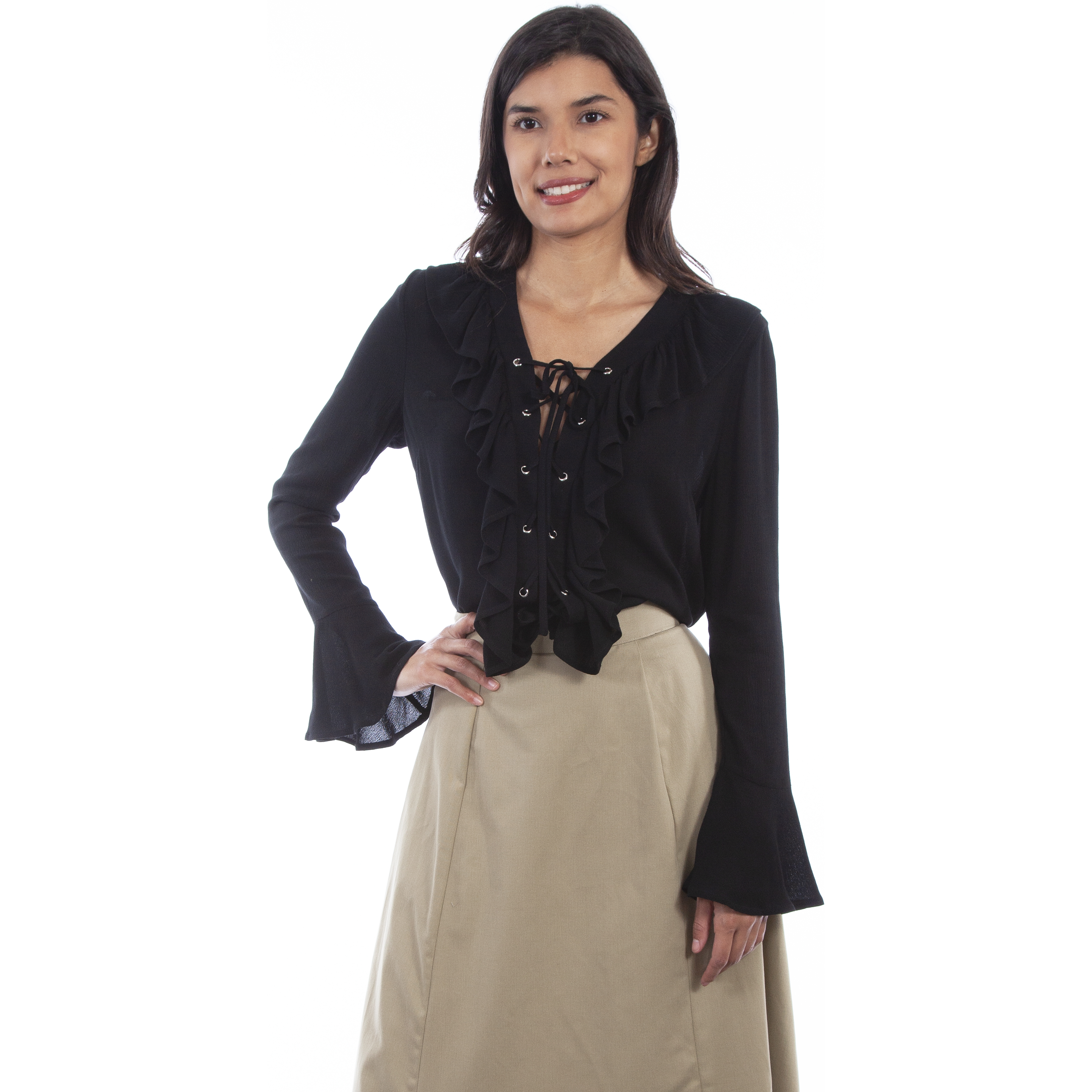 LADIES RUFFLE FRONT LACE UP BLOUSE