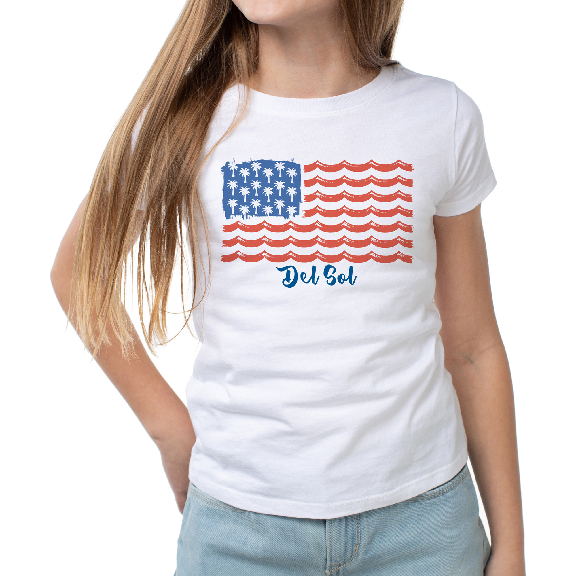Classic Crew Tee - Tropical Americana-White by DelSol for Women - 1 Pc T-Shirt (Large)