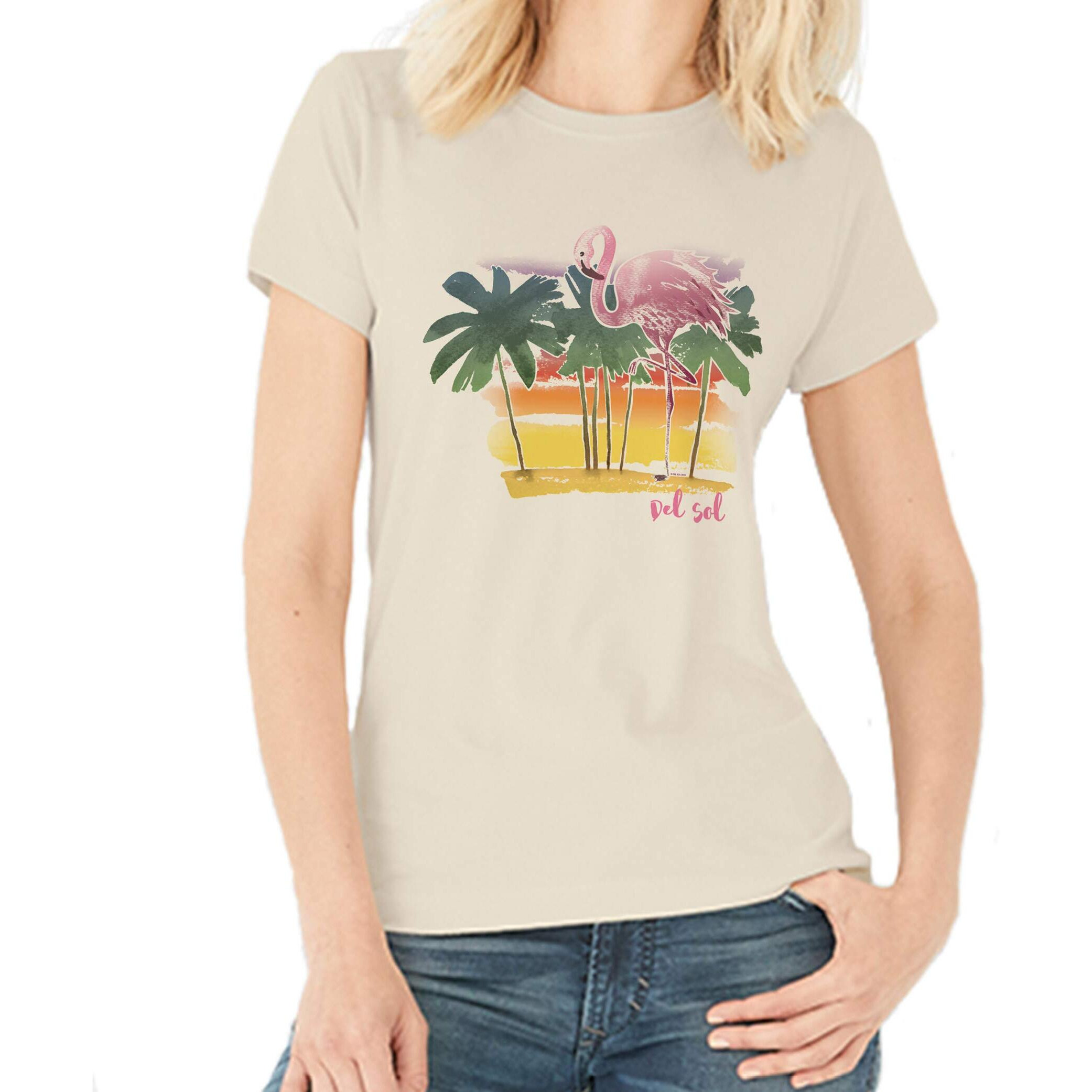 Women Crew Tee - Watercolor Flamingo - Beige by DelSol for Women - 1 Pc T-Shirt (Small)