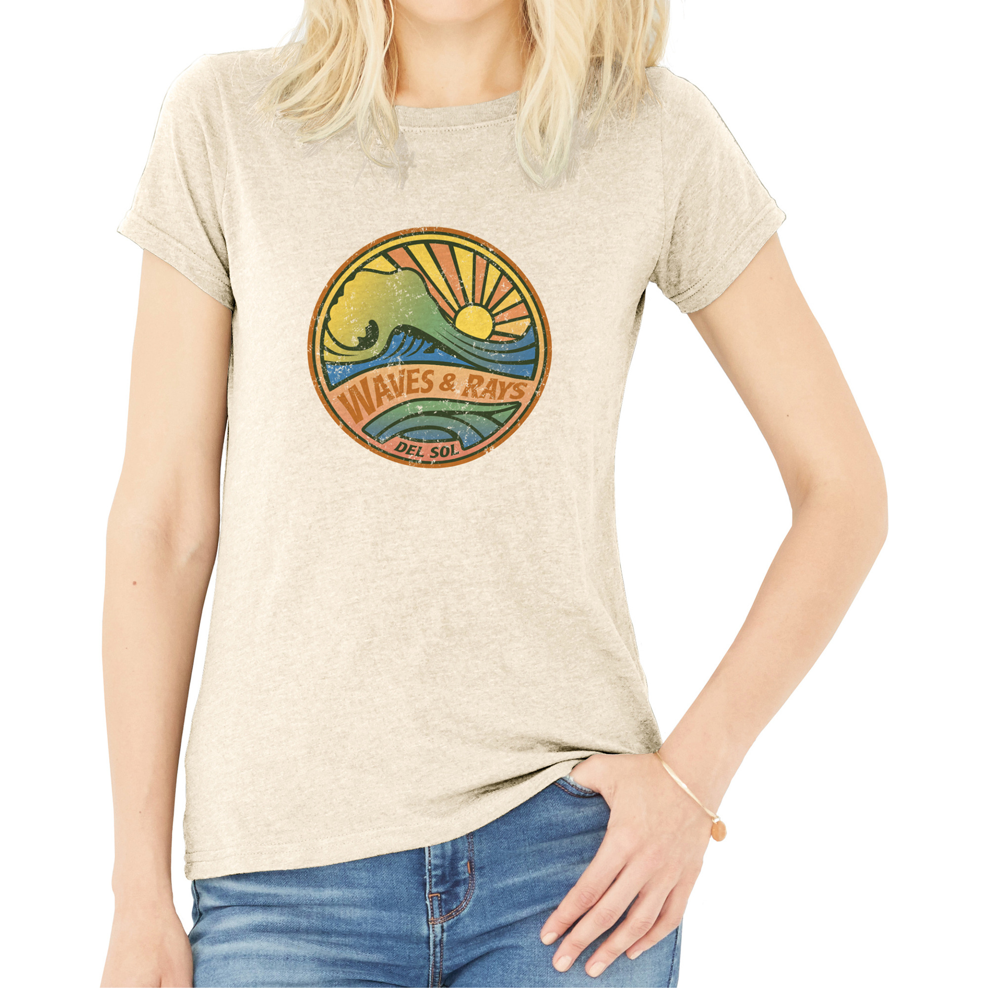 Women Crew Tee - Waves and Rays - Beige by DelSol for Women - 1 Pc T-Shirt (Medium)