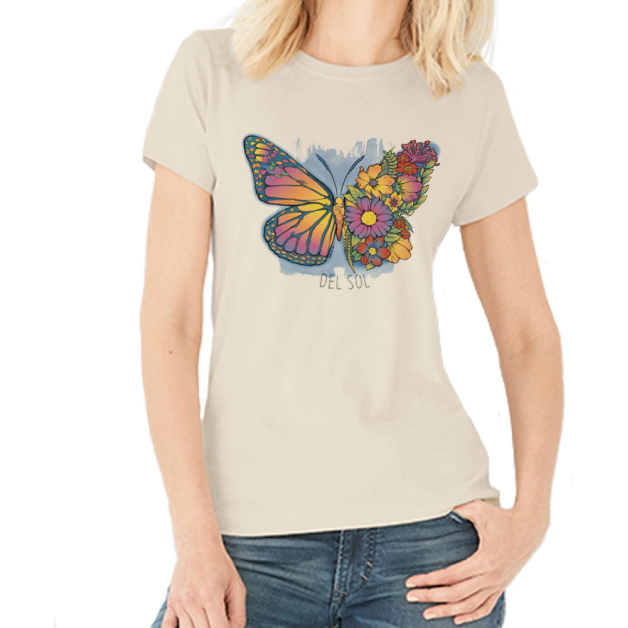 Women Crew Tee - Butterfly Floral - Beige by DelSol for Women - 1 Pc T-Shirt (Large)