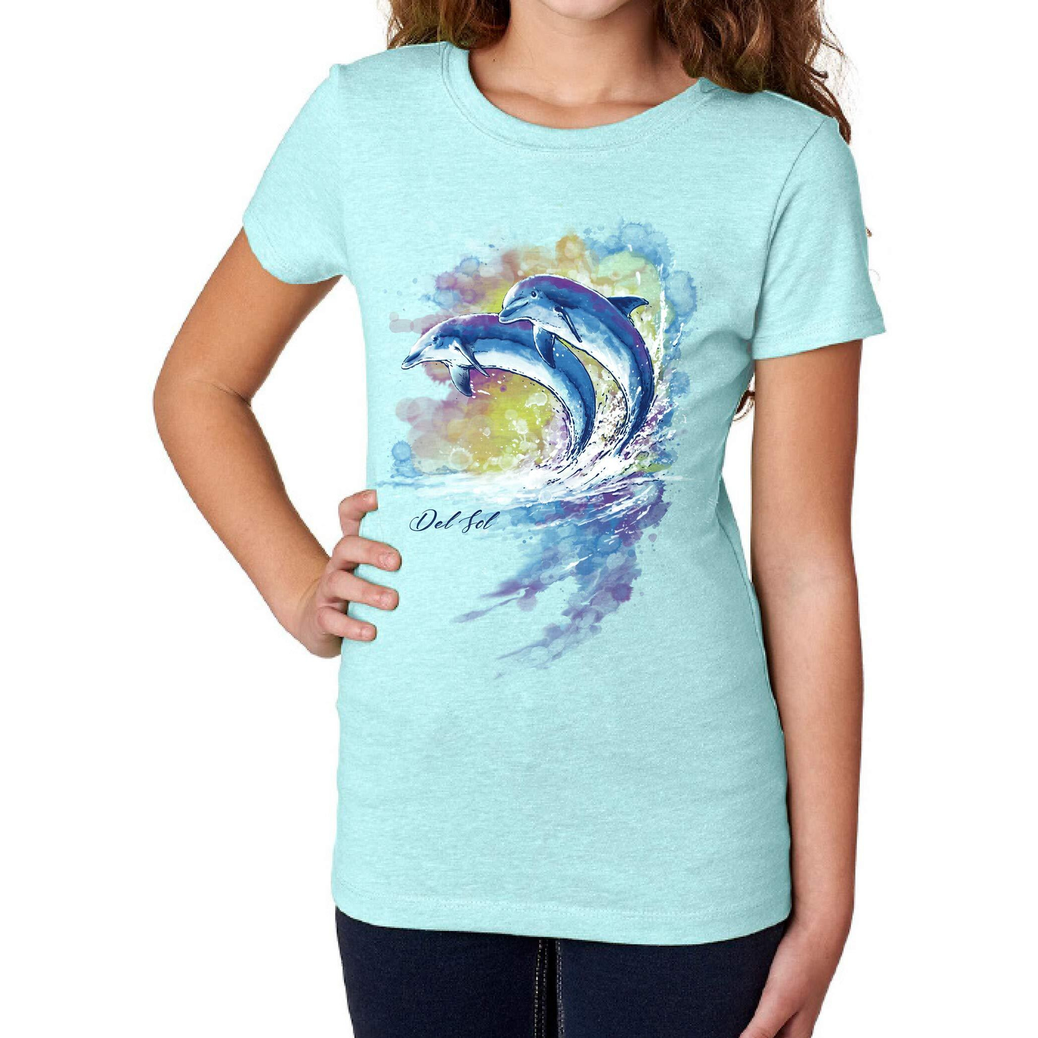 Girls Crew Tee - Watercolor Dolphins - Ice Blue by DelSol for Women - 1 Pc T-Shirt (YL)
