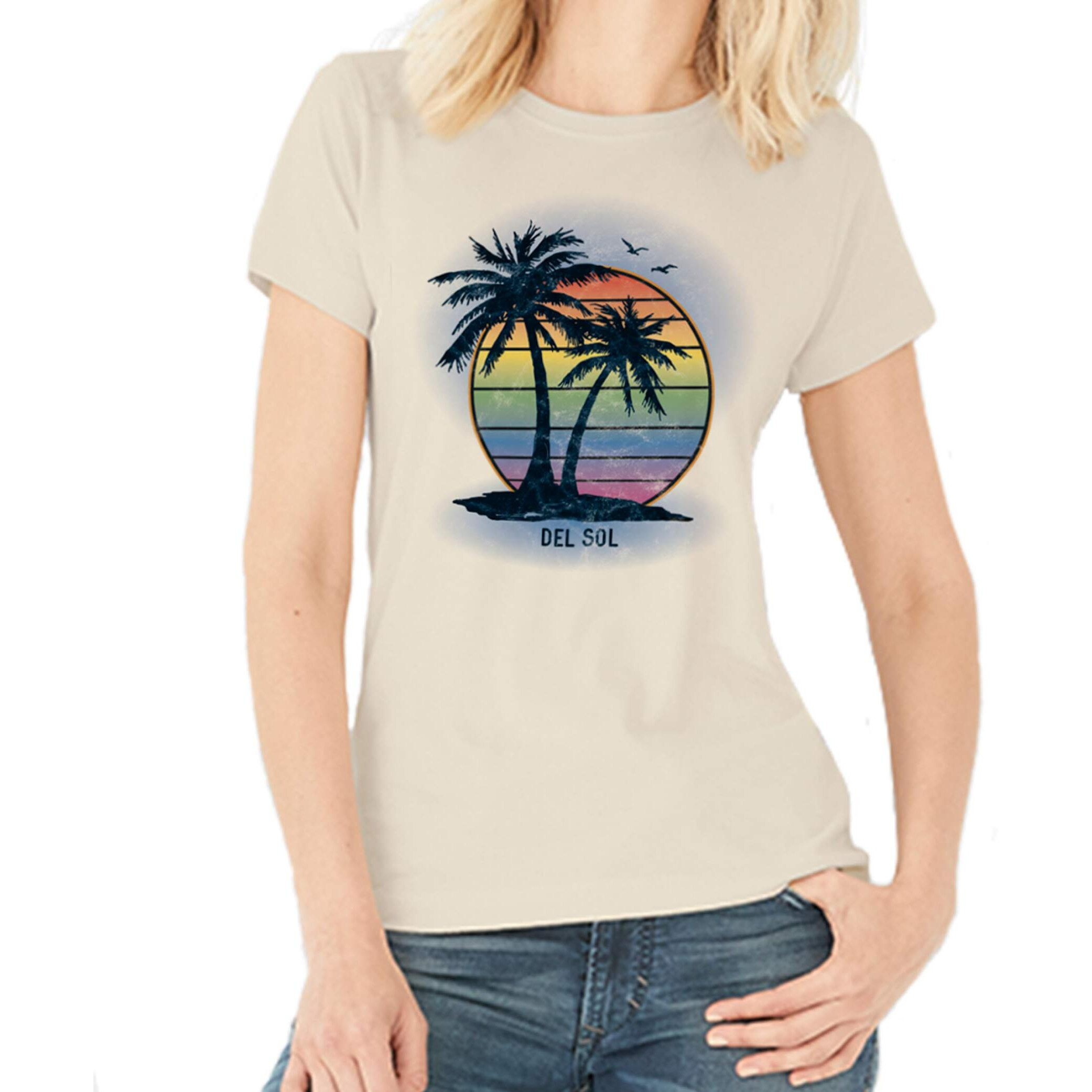 Women Crew Tee - Island Palm Sunset - Beige by DelSol for Women - 1 Pc T-Shirt (Large)