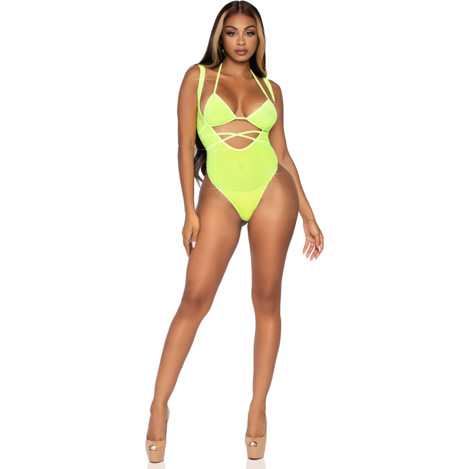 2 PC Rhinestone mesh wrap around bikini top and suspender bodysuit.