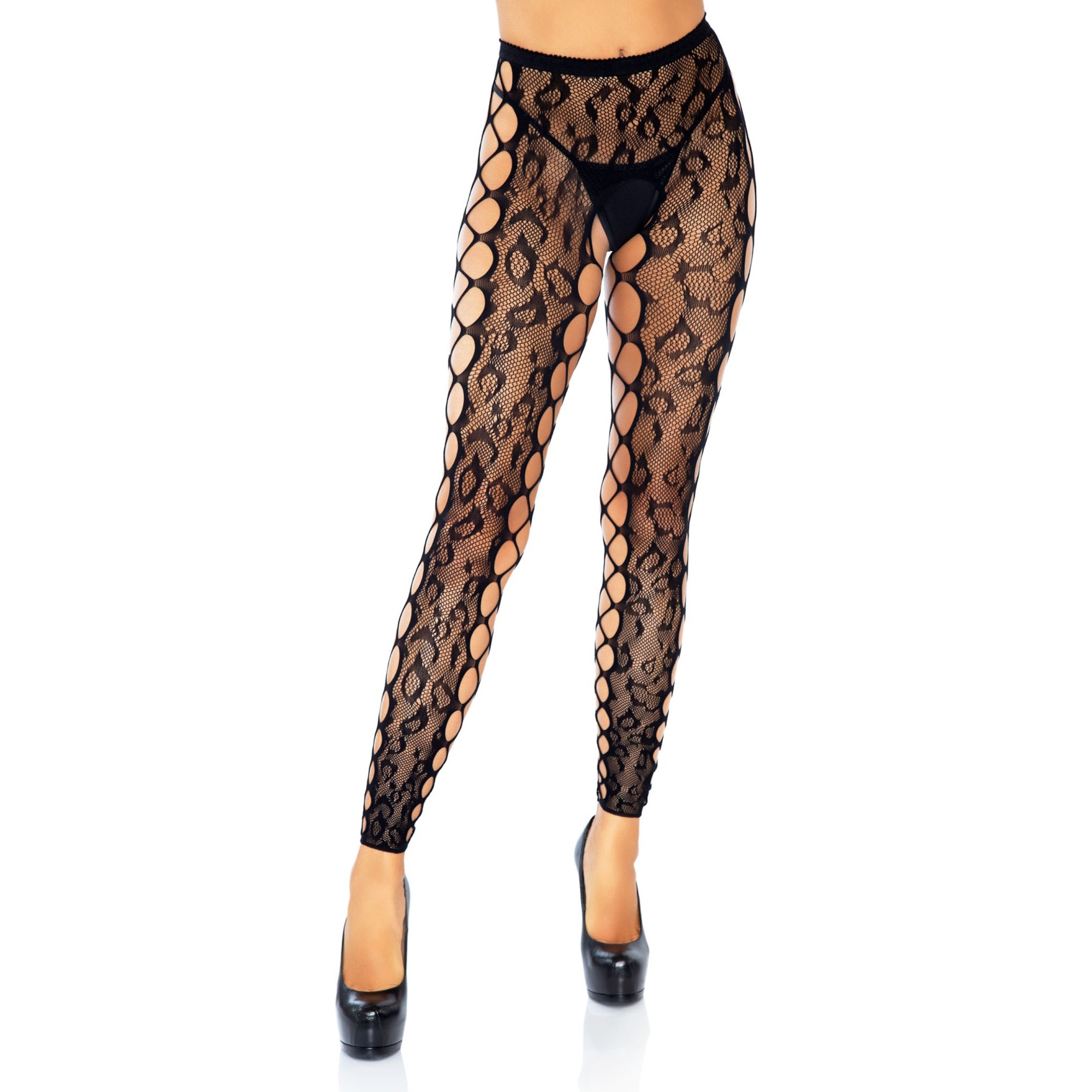 Leopard lace footless crotchless tights with net side panel.