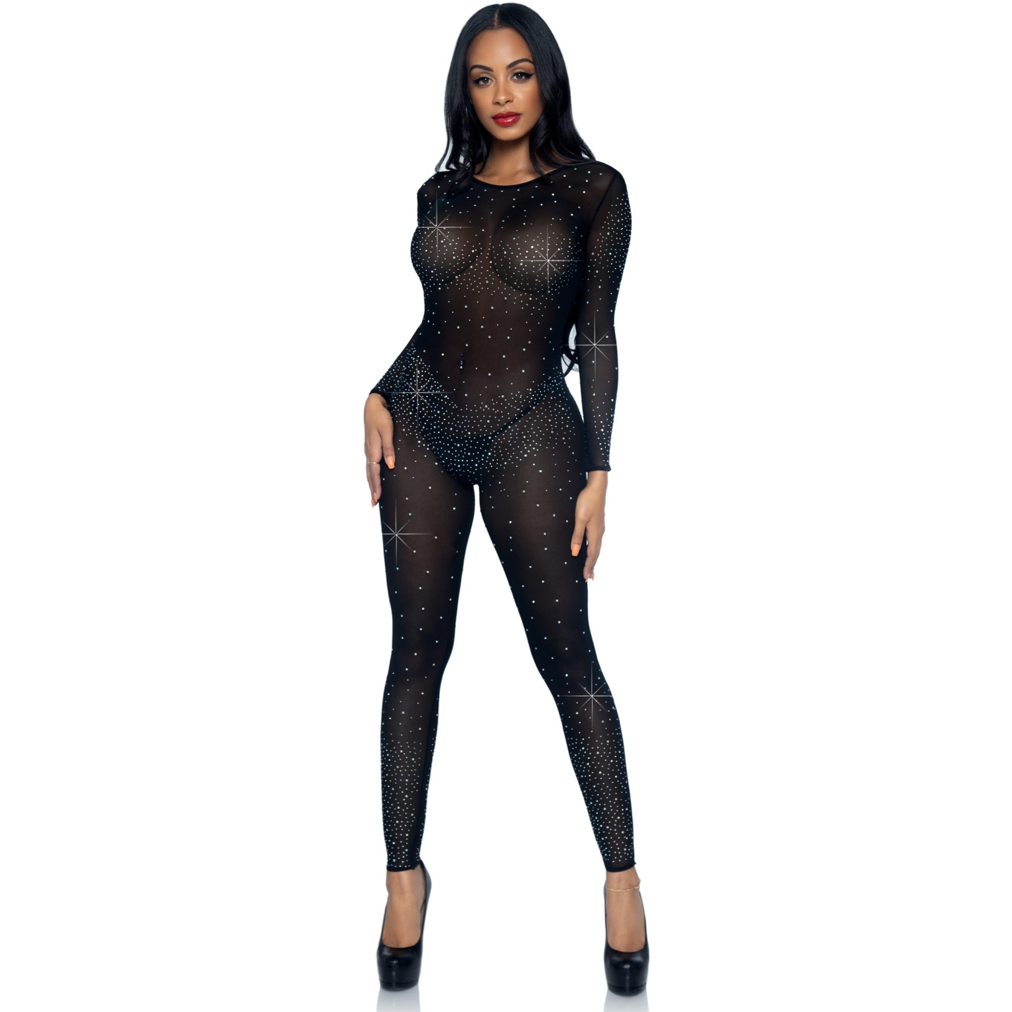 Sheer rhinestone catsuit.