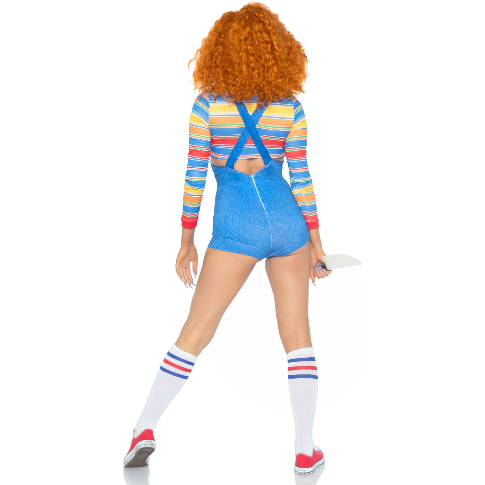 2 PC Demon Doll, includes striped crop top and denim-look romper overalls.