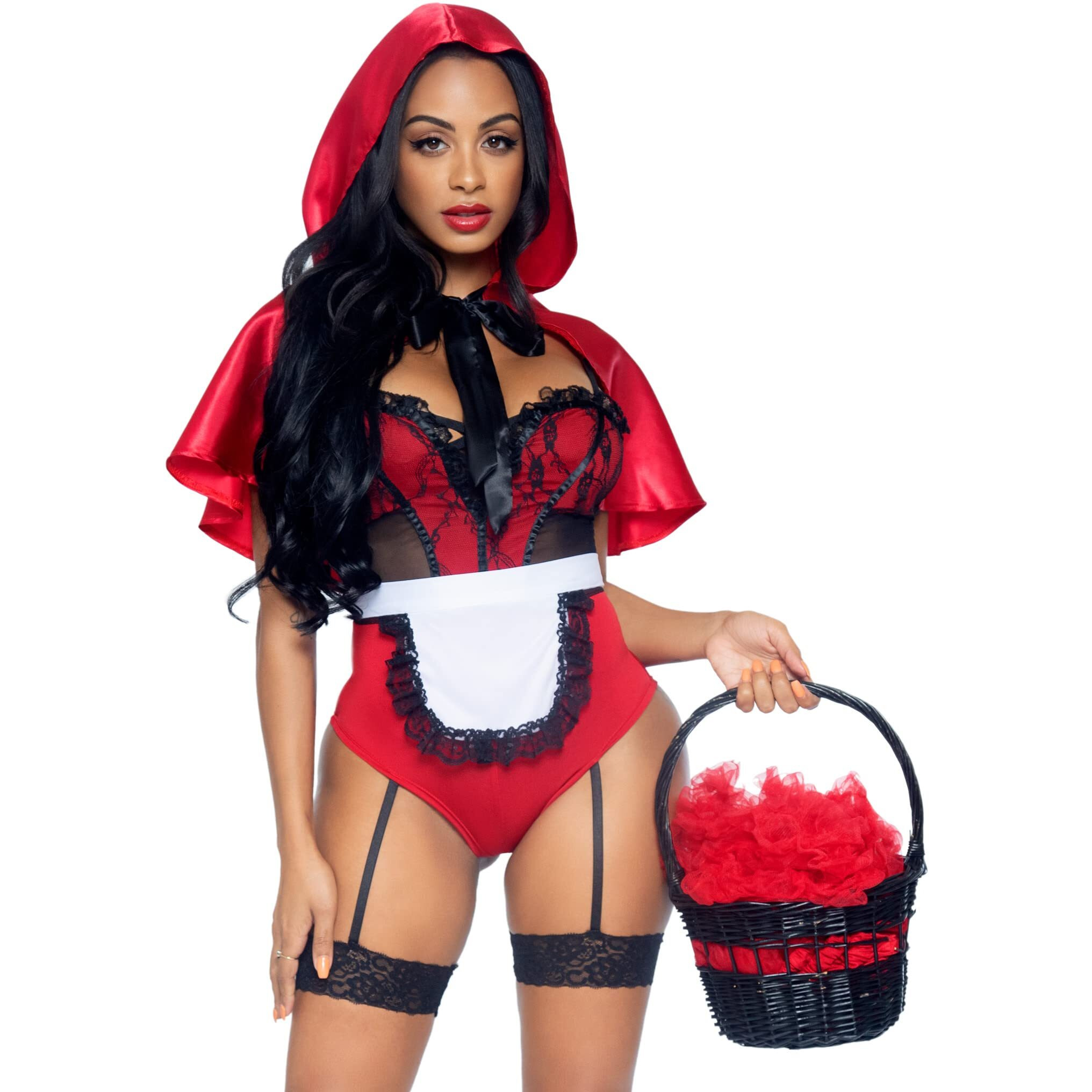 3 PC Naughty Miss Red, includes lacy garter teddy, apron, and hooded cape.