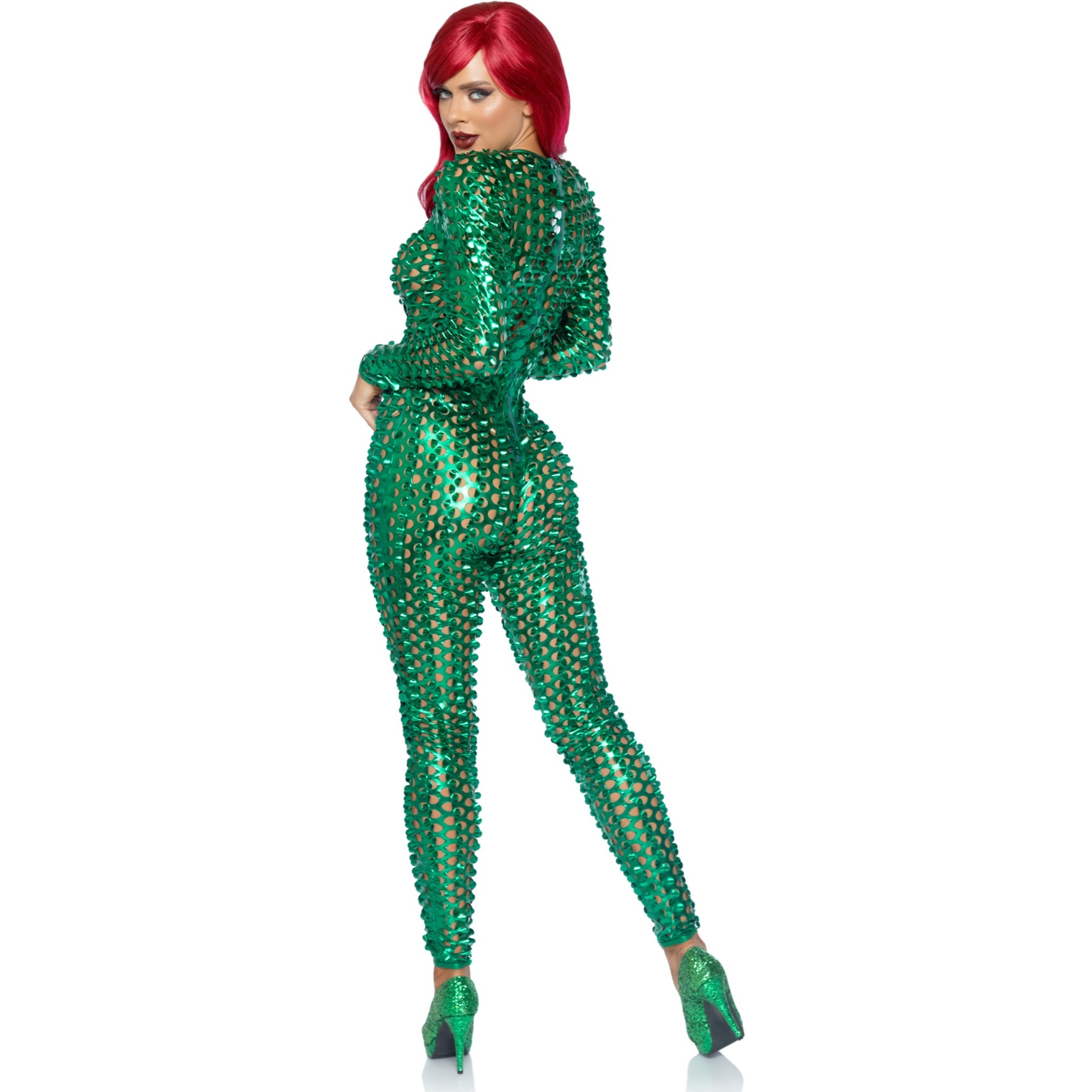 Laser cut metallic catsuit.