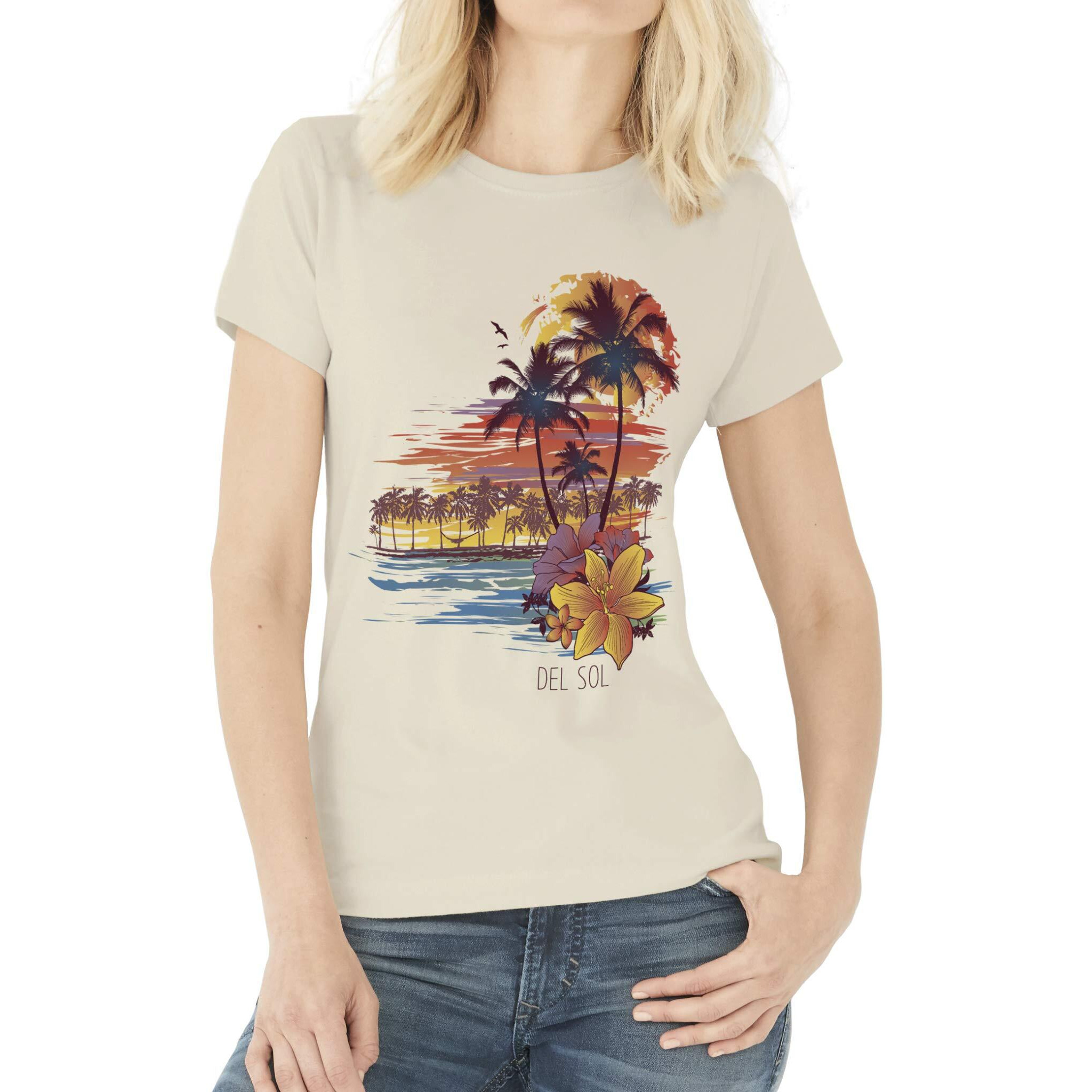Womens Boyfriend Tee - Palms and Floral Sunset by Delsol for Women - 1 Pc T-Shirt (2XL)