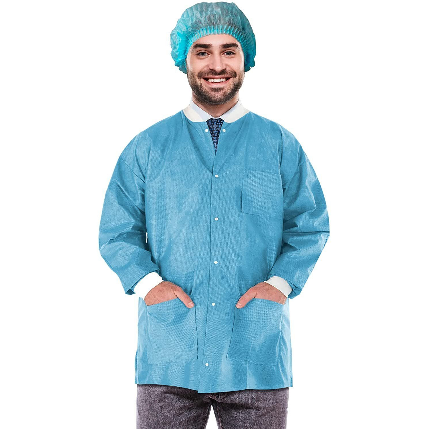 Disposable Lab Jackets 32 Long Pack of 10 Blue Hip-Length Work gowns X-Large SMS 50 gsm Shirts with Snaps Front Knit cuffs & collar 3 Pockets Unisex PPE Body Protective Short coats(D0102HI5A1g)