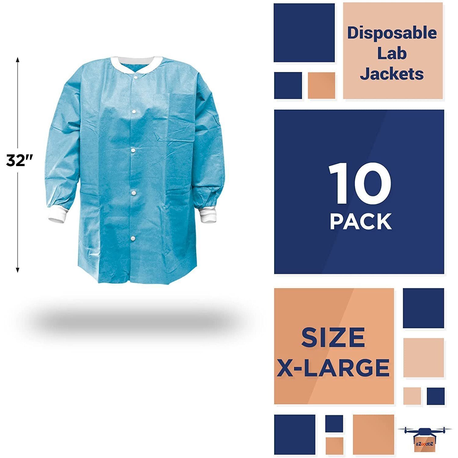 Disposable Lab Jackets 32 Long Pack of 10 Blue Hip-Length Work gowns X-Large SMS 50 gsm Shirts with Snaps Front Knit cuffs & collar 3 Pockets Unisex PPE Body Protective Short coats(D0102HI5A1g)