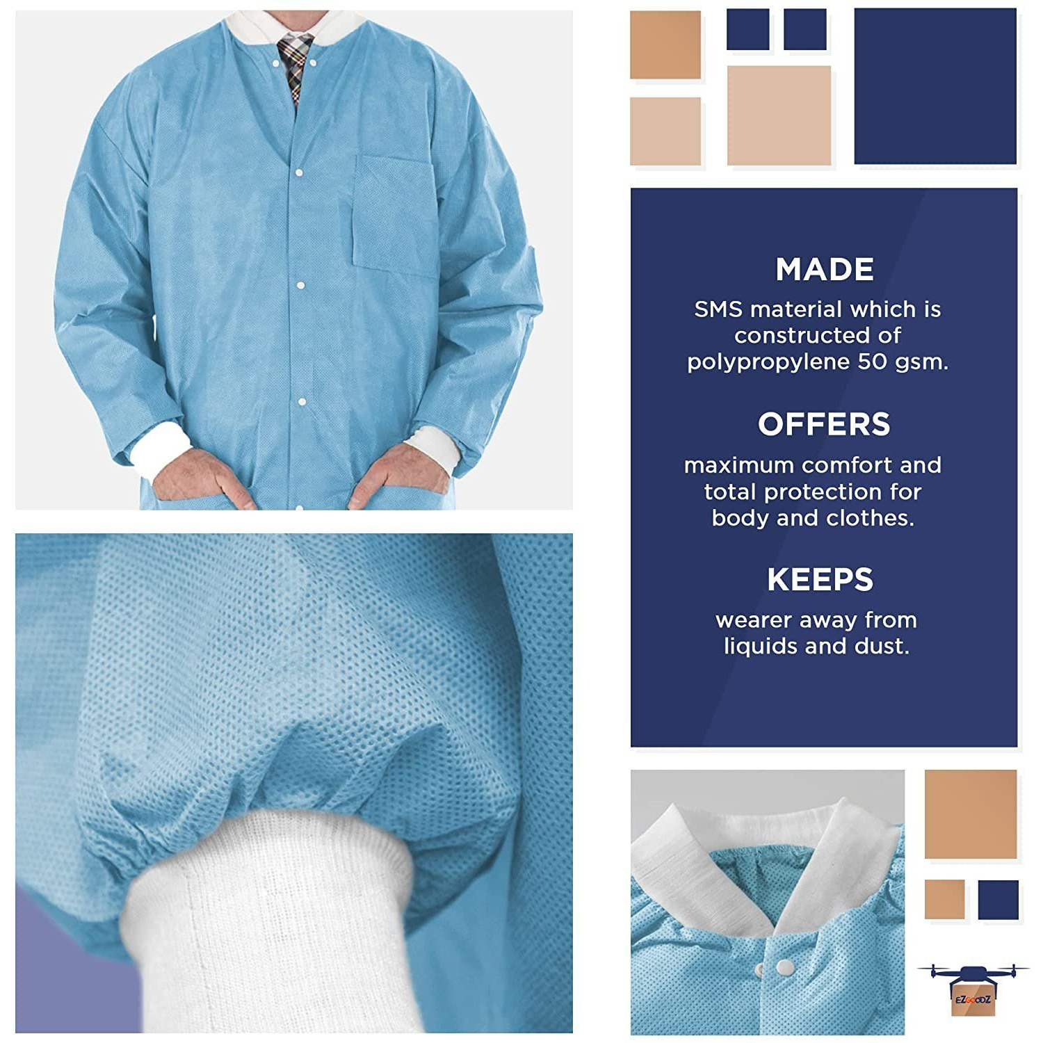 Disposable Lab Jackets 32 Long Pack of 10 Blue Hip-Length Work gowns X-Large SMS 50 gsm Shirts with Snaps Front Knit cuffs & collar 3 Pockets Unisex PPE Body Protective Short coats(D0102HI5A1g)