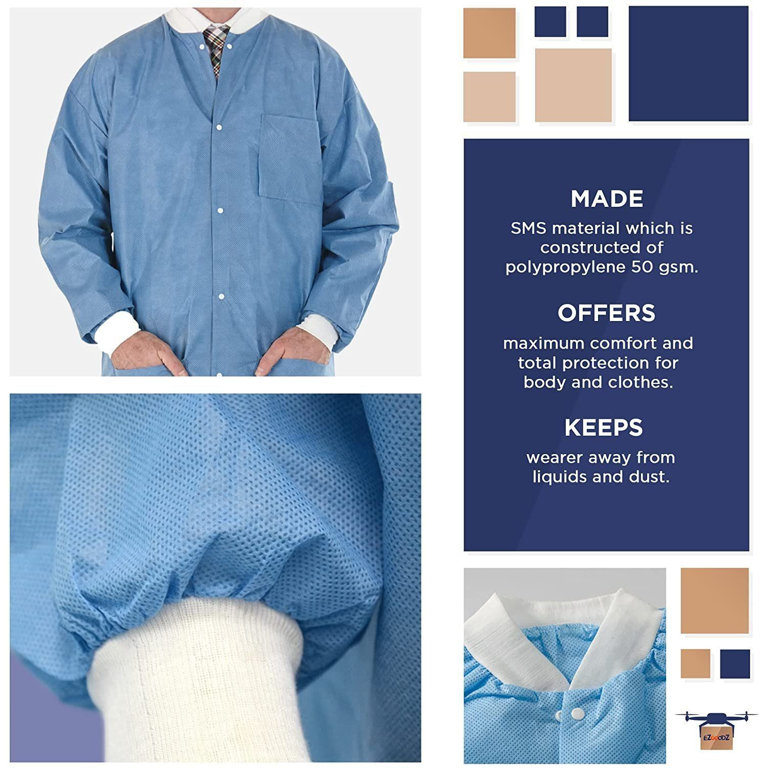 Disposable Lab Jackets 32 inch Long Pack of 10 Blue Hip-Length Work gowns 50 gsm Shirts with Snaps Front Knit cuffs & collar 3 Pockets Unisex PPE Body Protective Short coats X-Large(D0102HI5A0W)